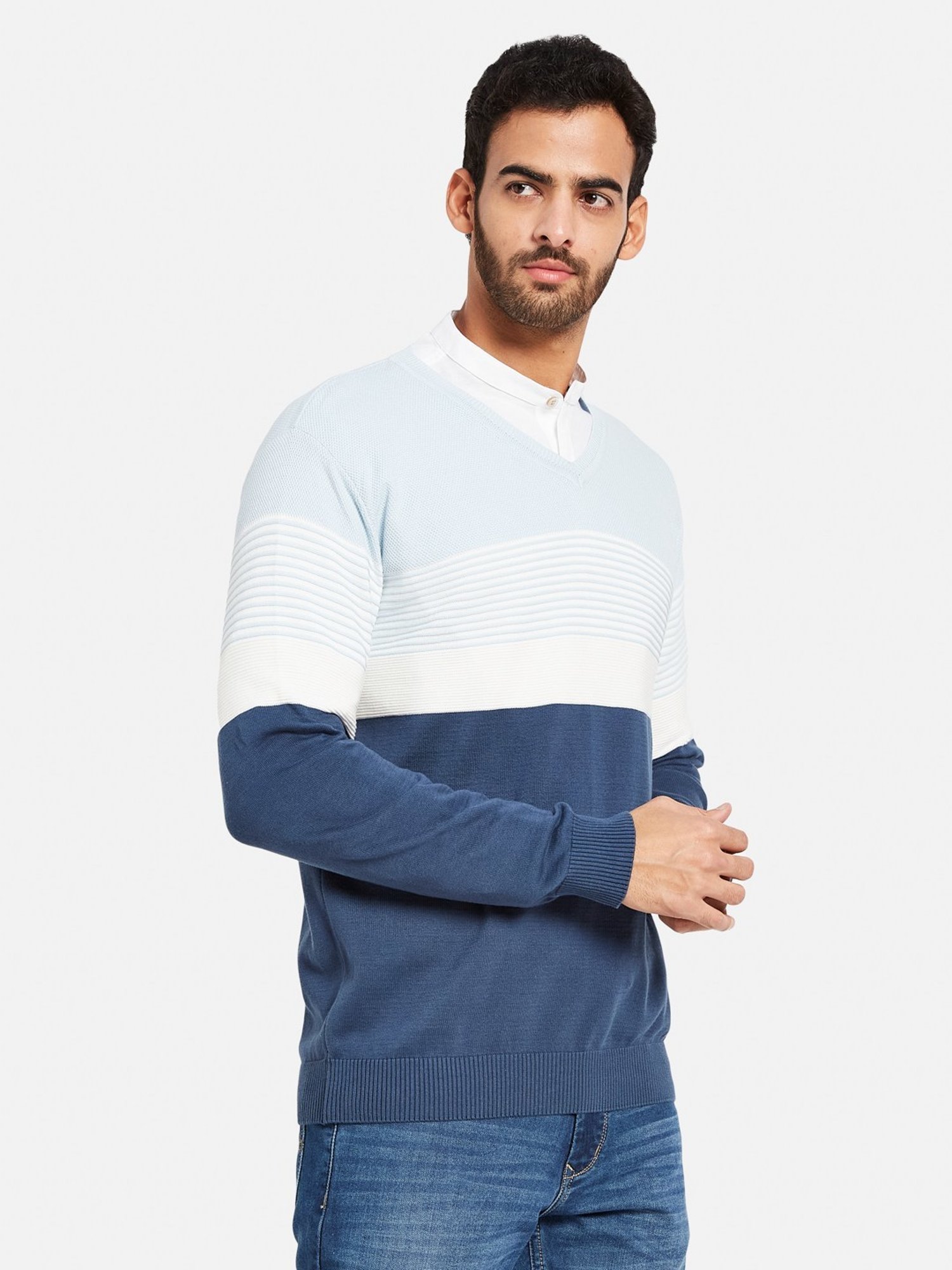 METTLE Sky Blue Cotton Regular Fit Striped Sweater