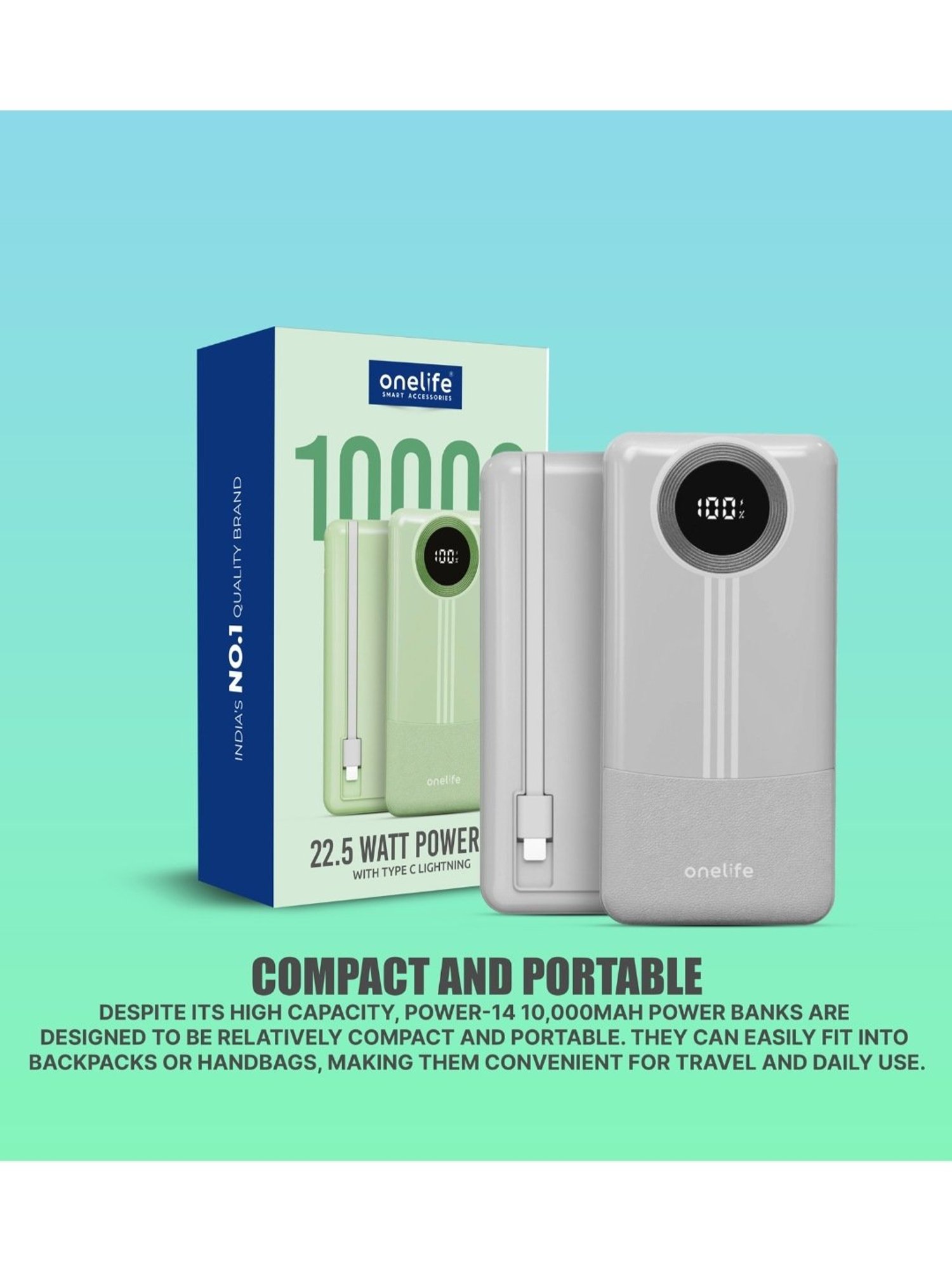 Onelife Power 14, 10000 mAh 22.5W Slim Quick Charge Power Bank (White)