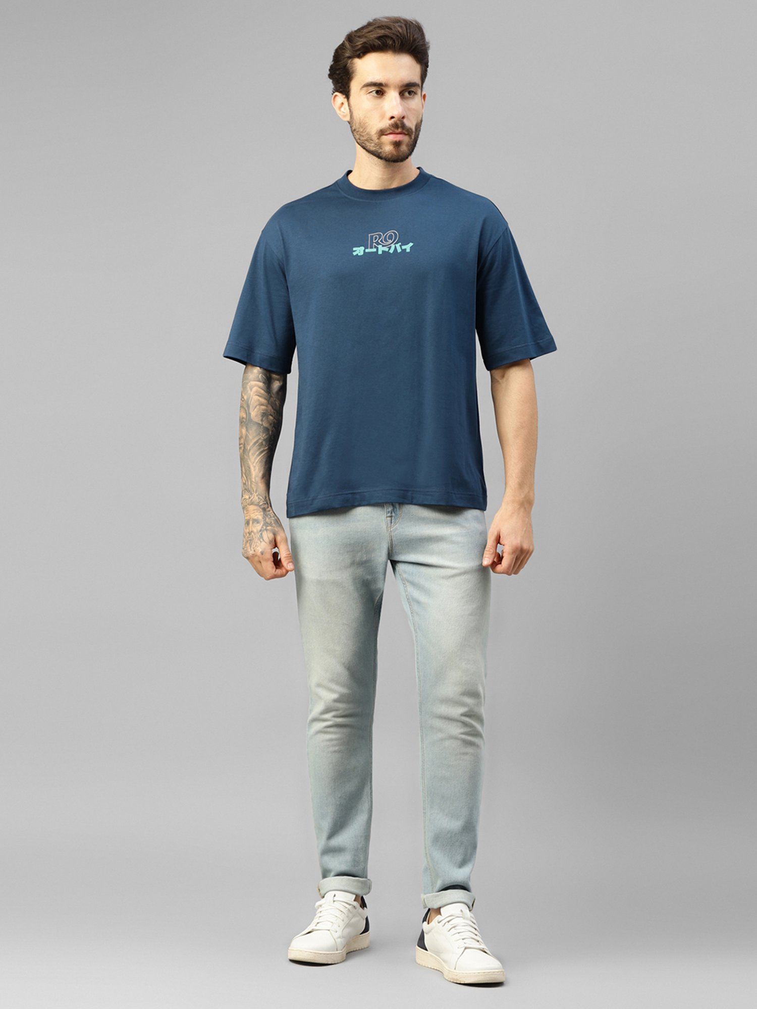 Royal Enfield Blue Regular Fit Printed Oversized Crew T-Shirt