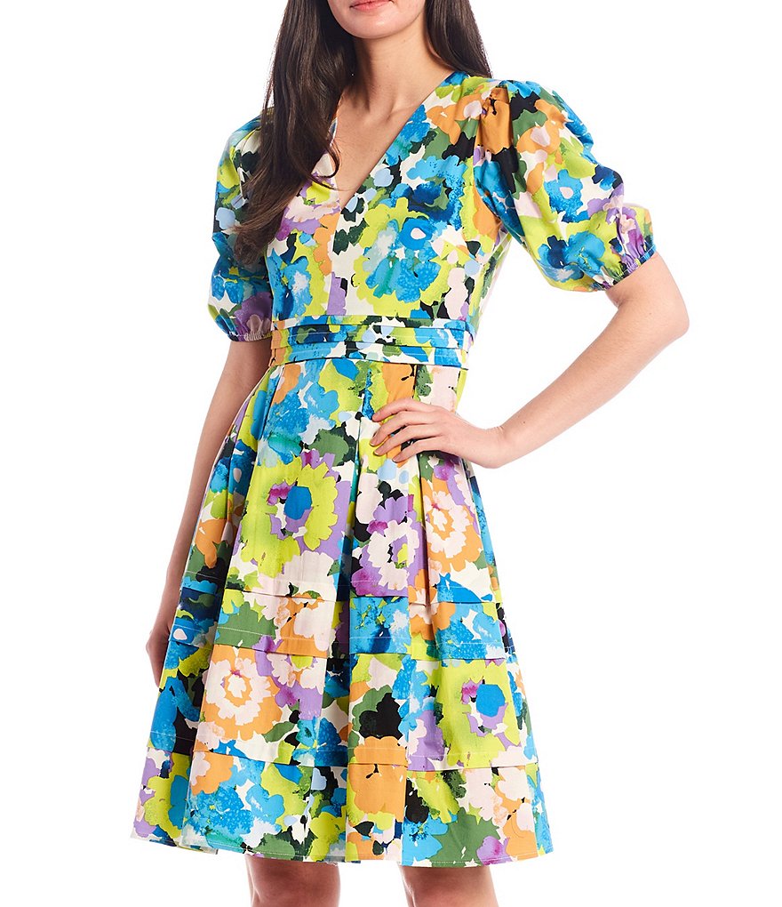 Donna Morgan Puff Sleeve Floral Print Stretch Cotton Poplin Fit & Flare Dress