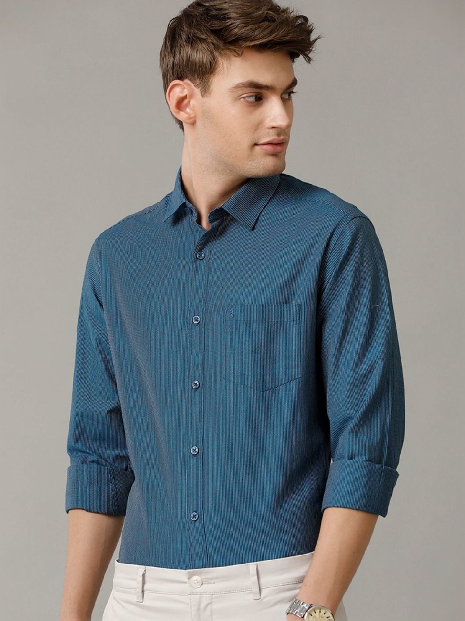 Cavallo By Linen Club Blue Linen Contemporary Fit Texture Shirt
