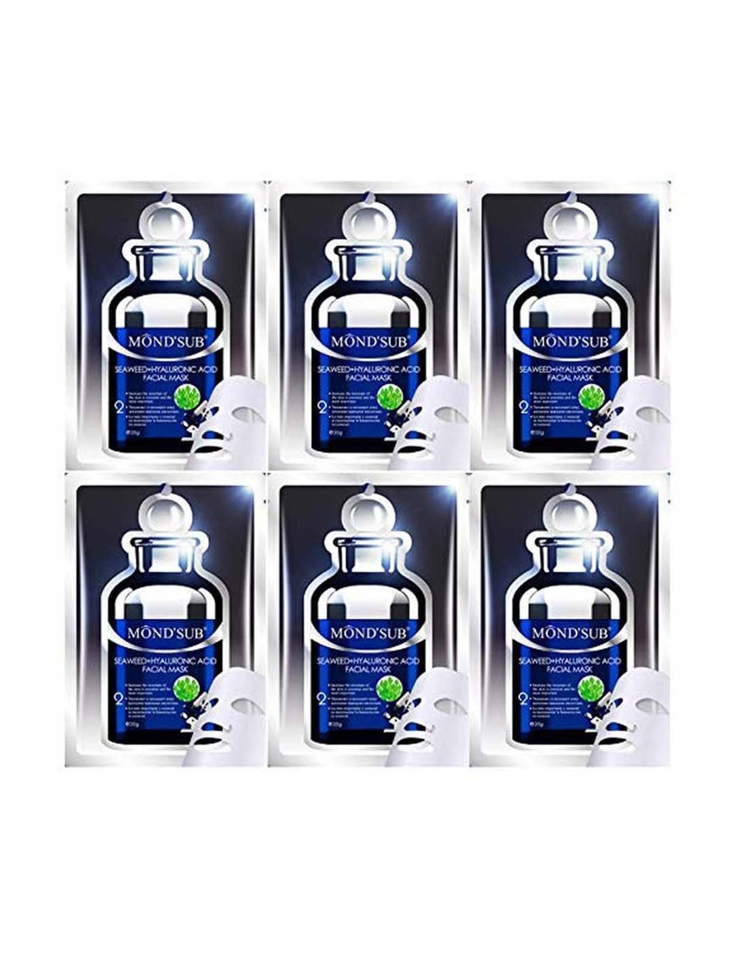 MONDSUB Algae(Seaweed)+Hyaluronic Acid Face Sheet Mask (Pack of 6) - 20 gm Each