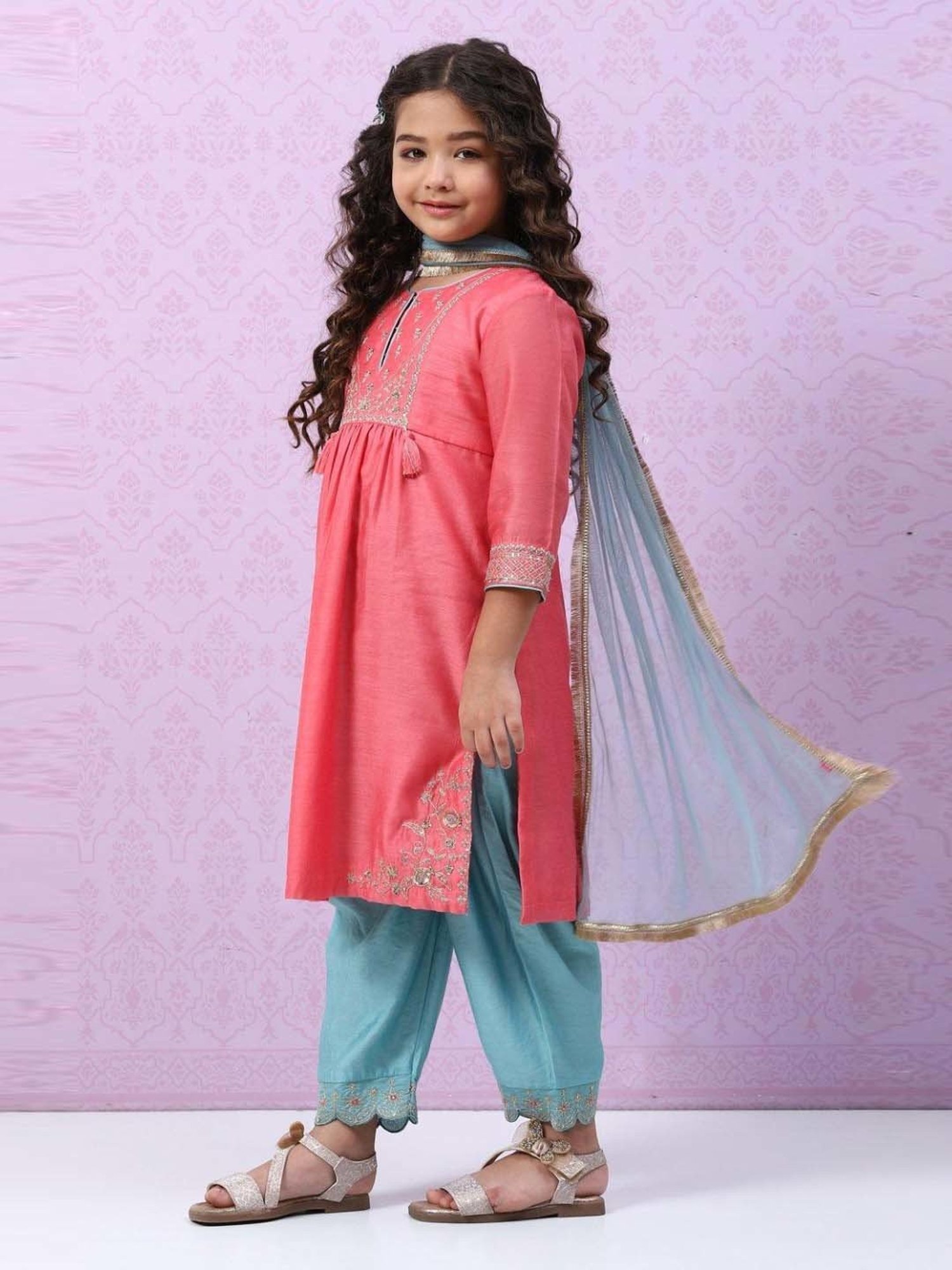 Biba Kids Peach & Blue Embroidered Kurta Set