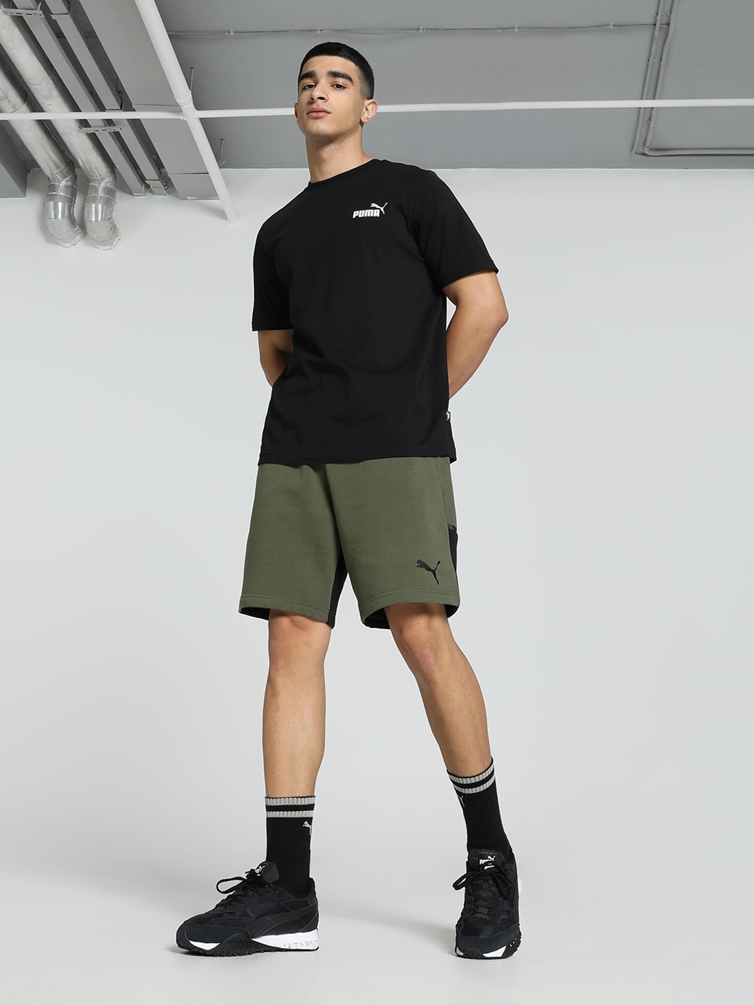 Puma teamCUP Green Moss Cotton Regular Fit Colour Block Sports Shorts