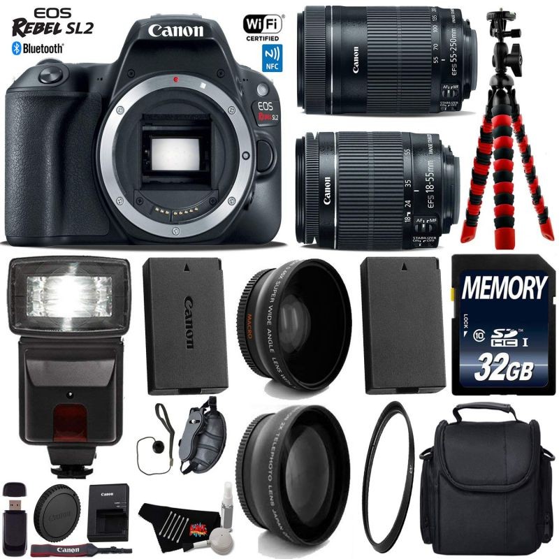 Canon EOS Rebel SL2 DSLR Camera with 18-55mm is STM Lens & 55-250mm is STM Lens + Case + Flash + UV FLD CPL Filter Kit + Wide Angle & Telephoto Lens + Tripod + Card Reader - Intl Model