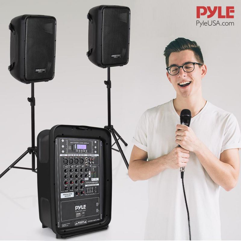 Pyle 2 x PPHP28AMX Stage & Studio 8 Inch Bluetooth DJ PA Loud Speaker System and 8 Channel Audio Mixer Bundle Kit w/ USB & SD Readers, Black (2 Pack)