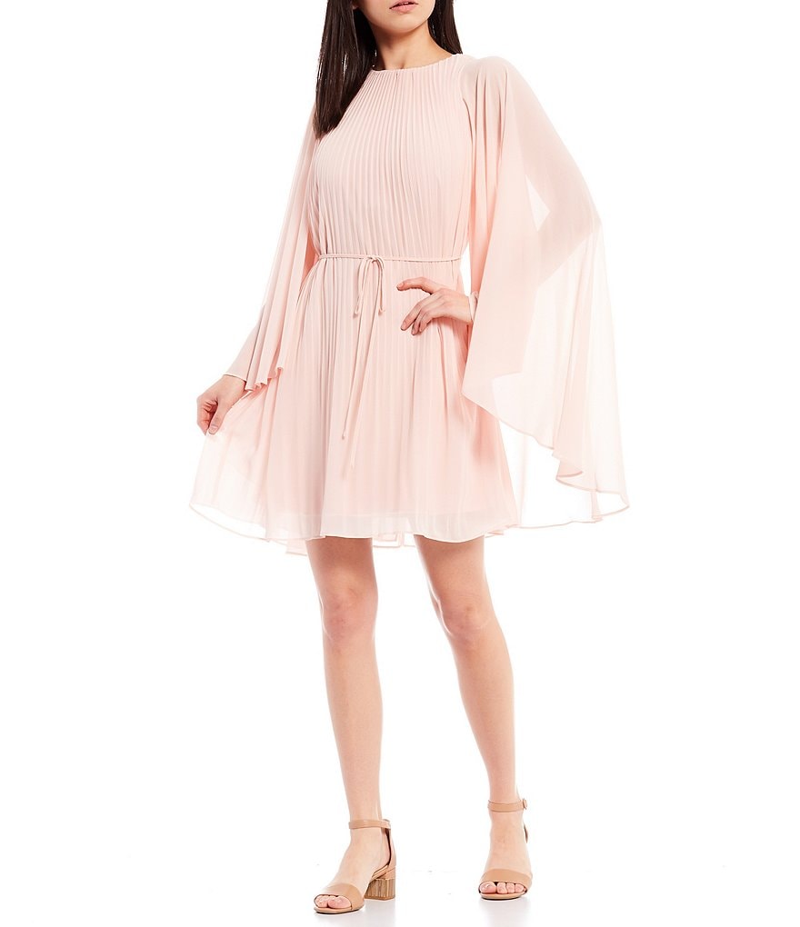 Alex Marie Petite Size Jordan Crew Neck Capelet Sleeve Pleated Chiffon Cape A-Line Dress