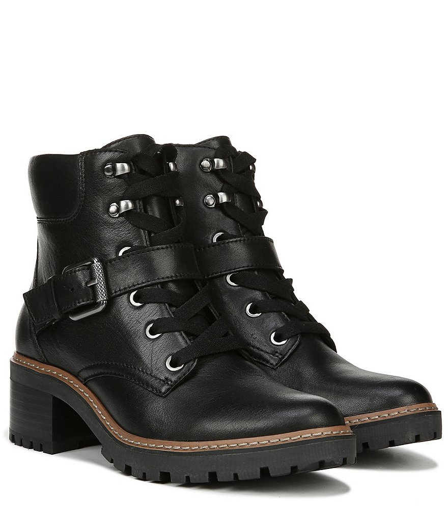 Naturalizer Tia Water Repellent Leather Block Heel Lug Sole Combat Boots