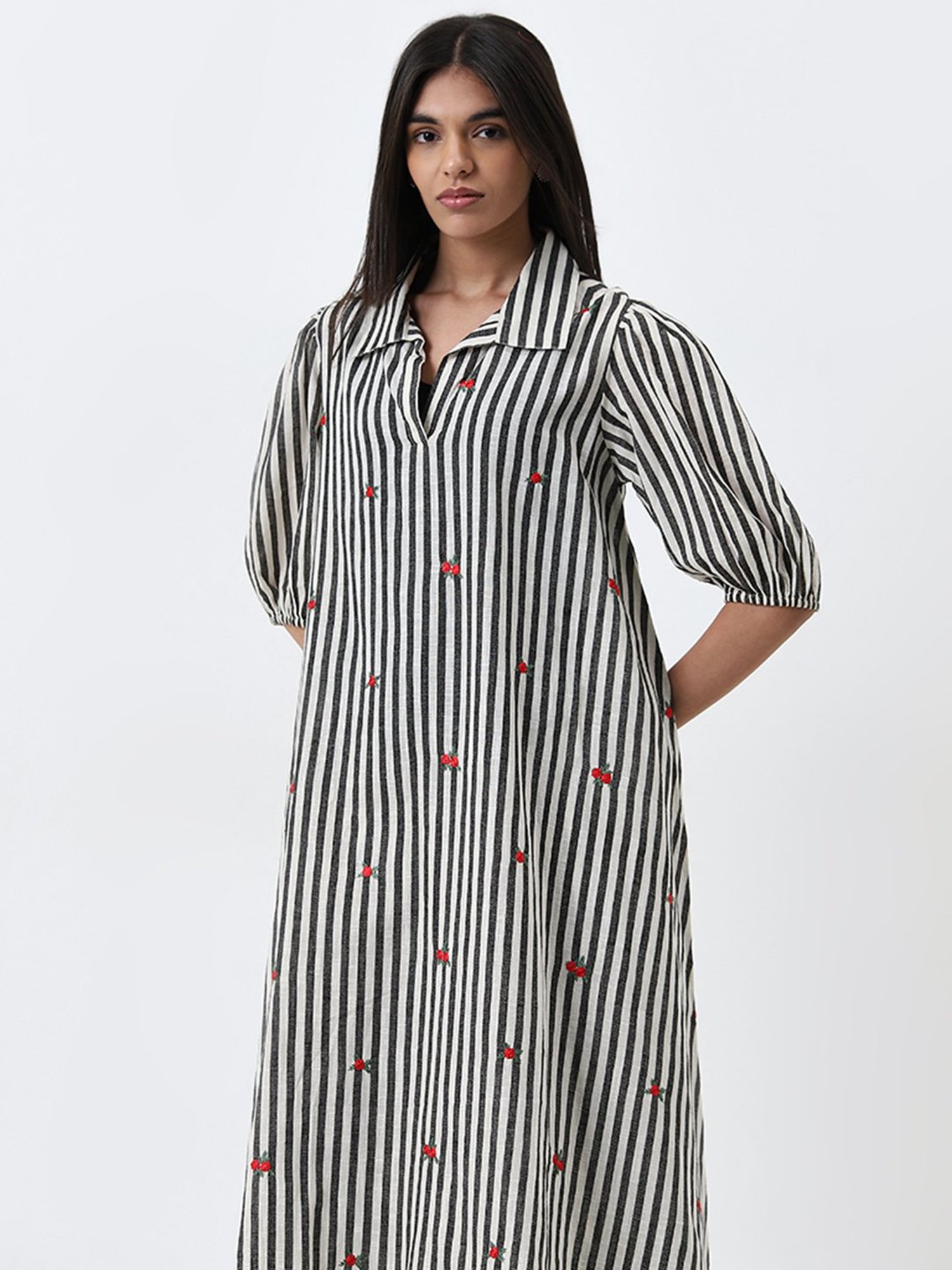 Utsa by Westside Black Stripe Printed A-Line Cotton Kurta