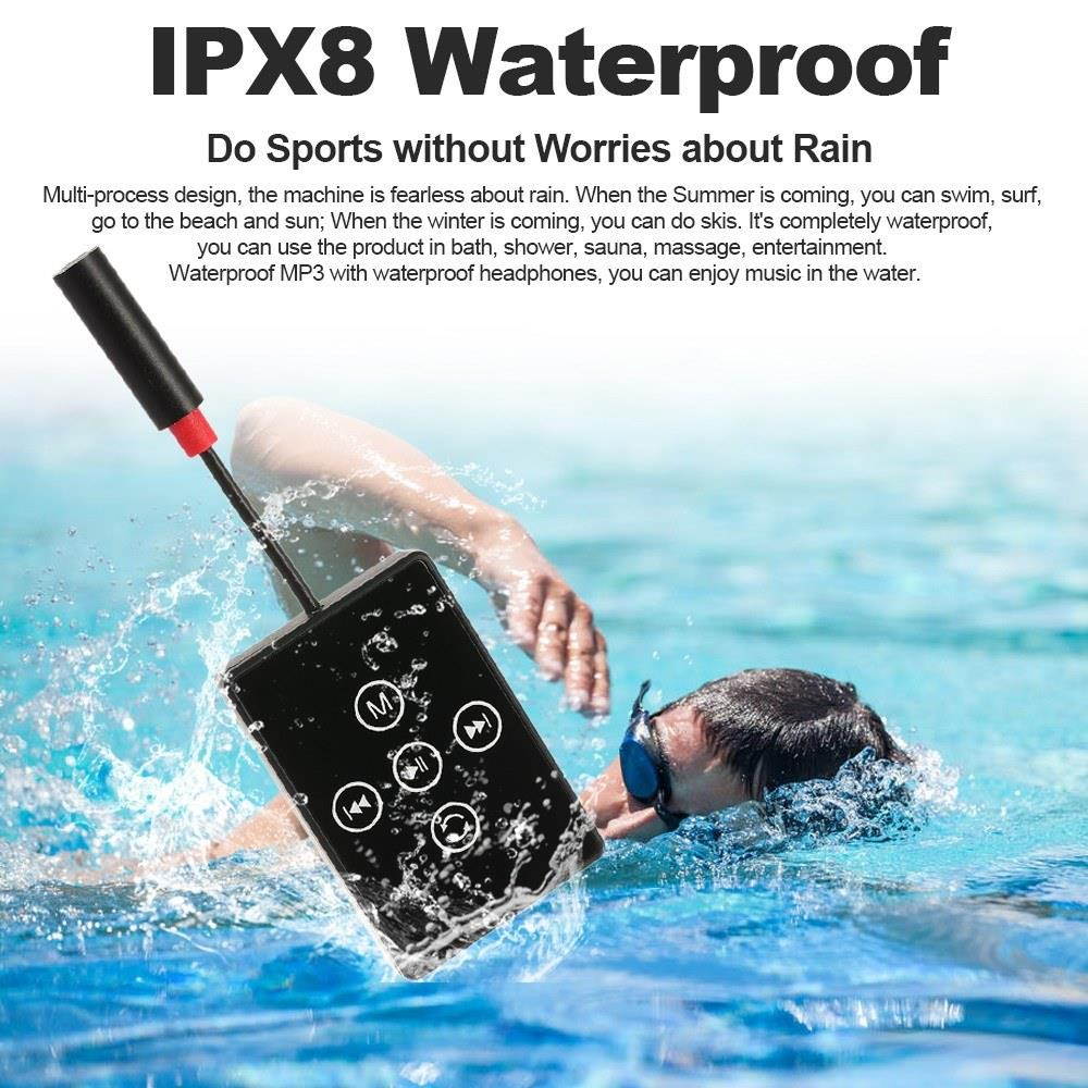 K12 IPX8 Waterproof MP3 Player 8GB Music Player with Headphones FM Radio Back Clip Design for Swimming Running Diving