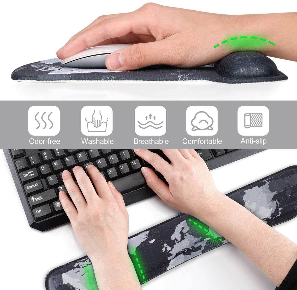 Keyboard Wrist Rest Pad Ergonomic Mouse Pad Set, ToLuLu Mouse Pad for Computer Laptop, Non Slip Mousepad Keyboard Wrist Support with Raised Memory Foam for Easy Typing Pain Relief, Cool World Map
