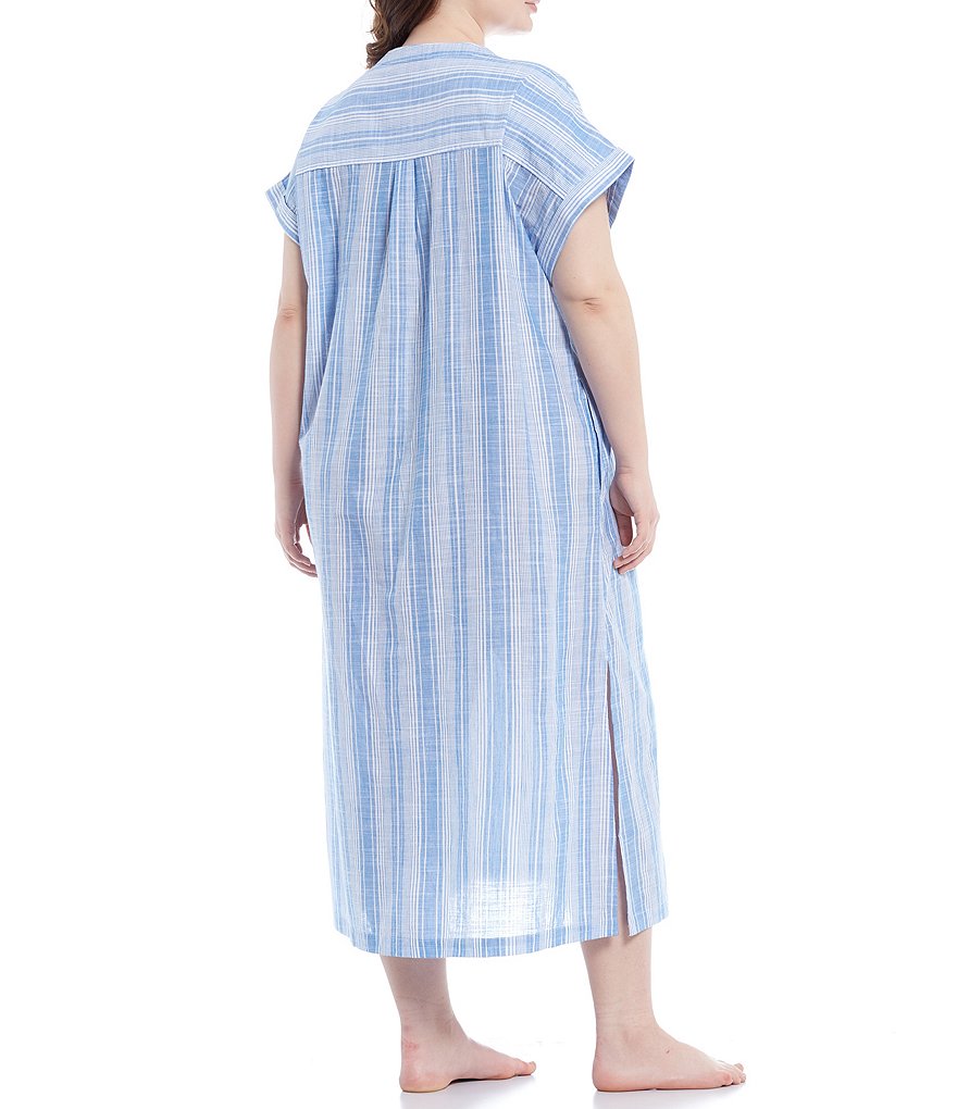 Kate Landry Plus Yarn-Dye Striped Short Sleeve Woven Long Caftan