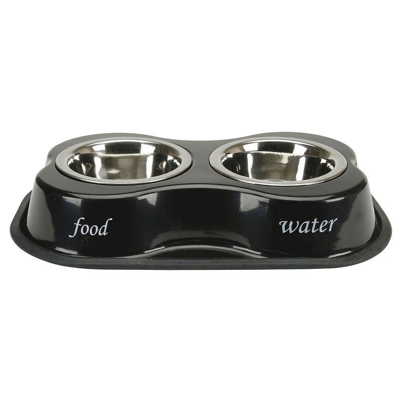 Buddy's Line Bone Shaped Food & Water Double Diner Stainless Steel Bowls - Black - 3"x15"x10"