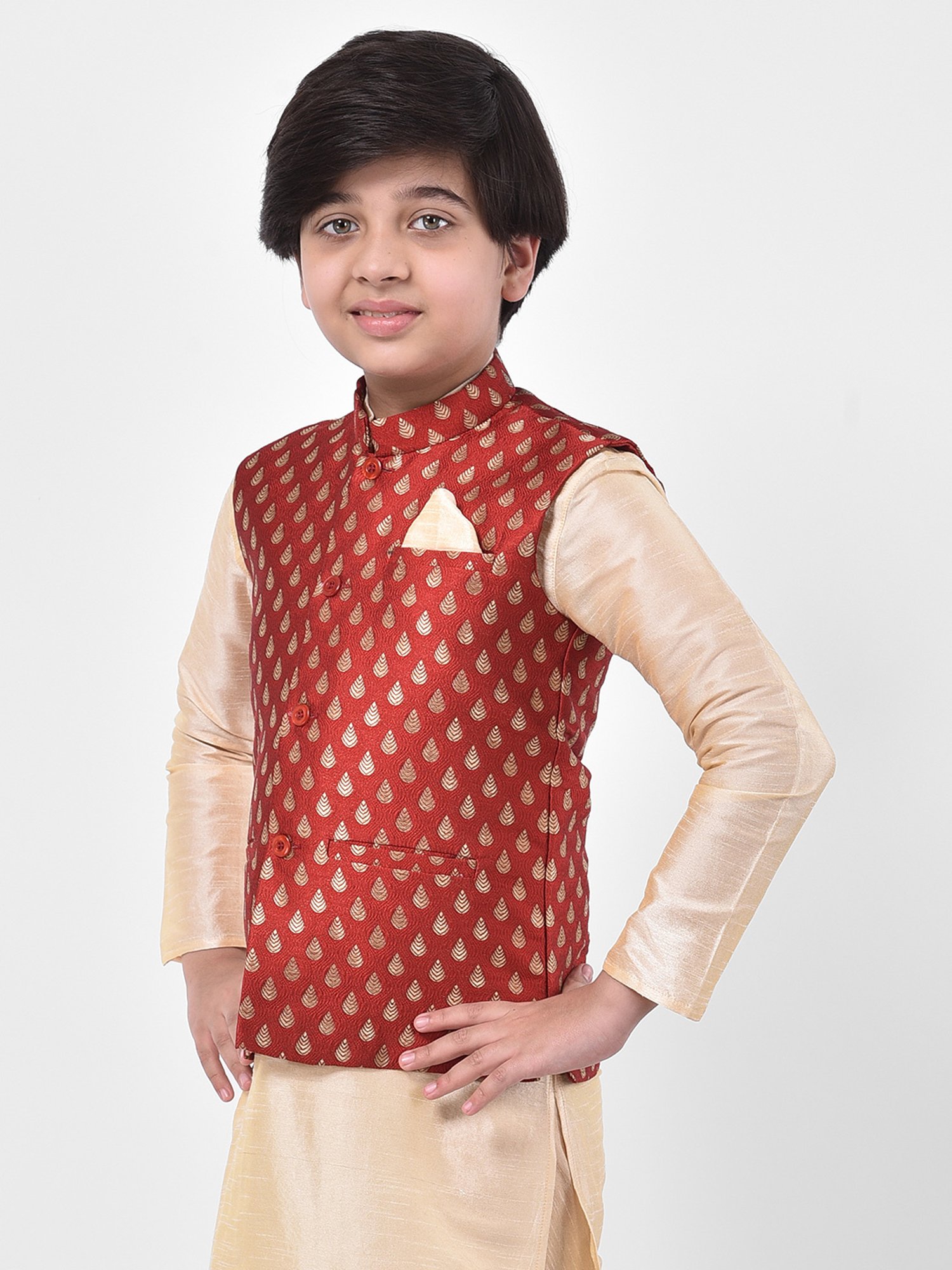 Deyann Kids Red Embroidered Nehru Jacket
