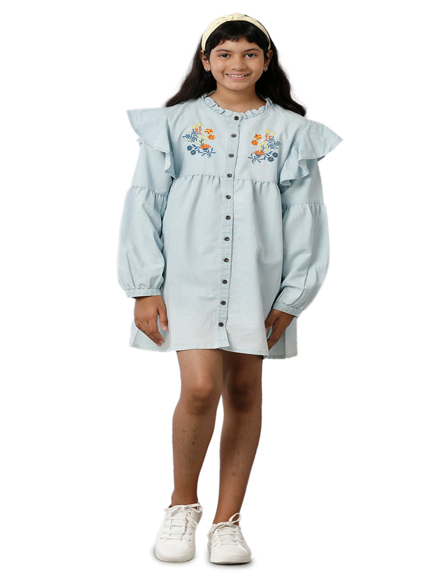 Under Fourteen Only Kids Blue Embroidered Full Sleeves Denim Dress