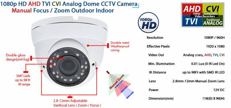 EVERTECH 1080p HD Security CCTV Camera 4-in-1 TVI/AHD/CVI/Analog (960H/CVBS) Day Night Vision Outdoor Indoor Weatherproof Wide Angle Manual Zoom CCTV Security Surveillance Camera (White Metal Casing)