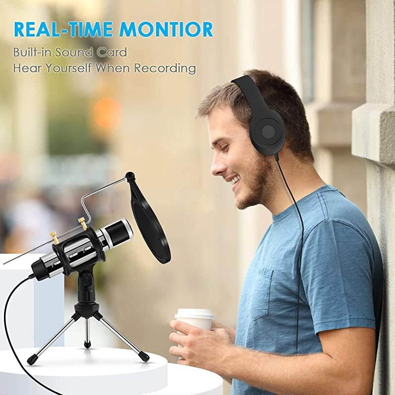 Studio Microphone  Condenser Studio Microphone with Builtin Sound Card and Echo Effect Vocal Recording Computer Microphone wTripod Stand for YouTube PC Laptop Tablet and PhoneSilver