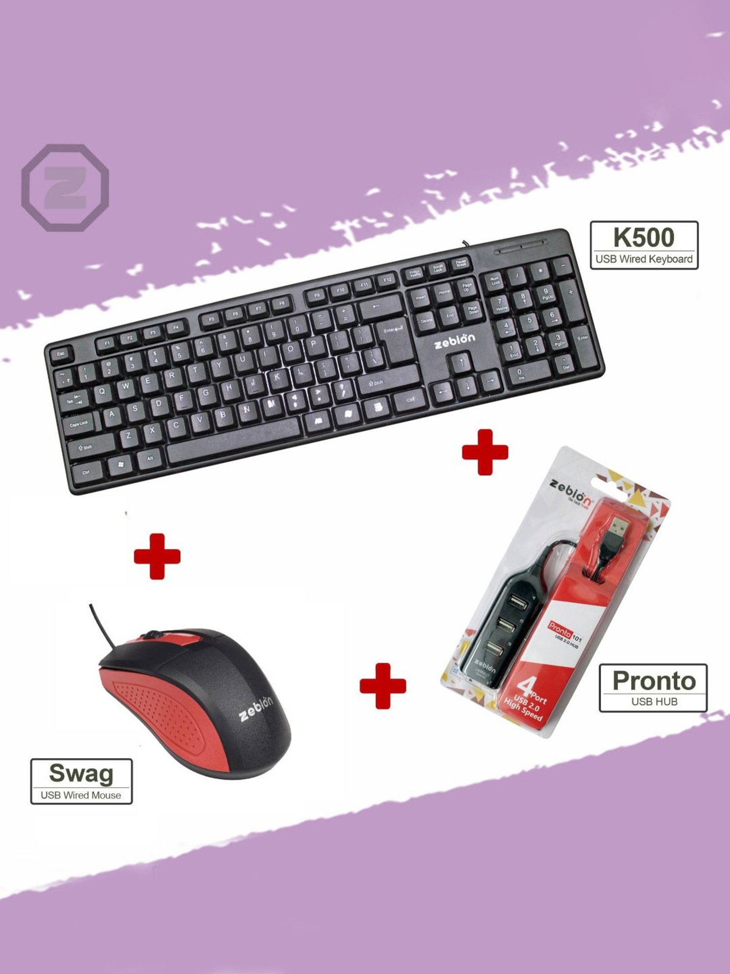 Zebion K500 Wired USB Desktop Keyboard, Swag Wired Mouse & Pronto 101 USB Hub (Black)