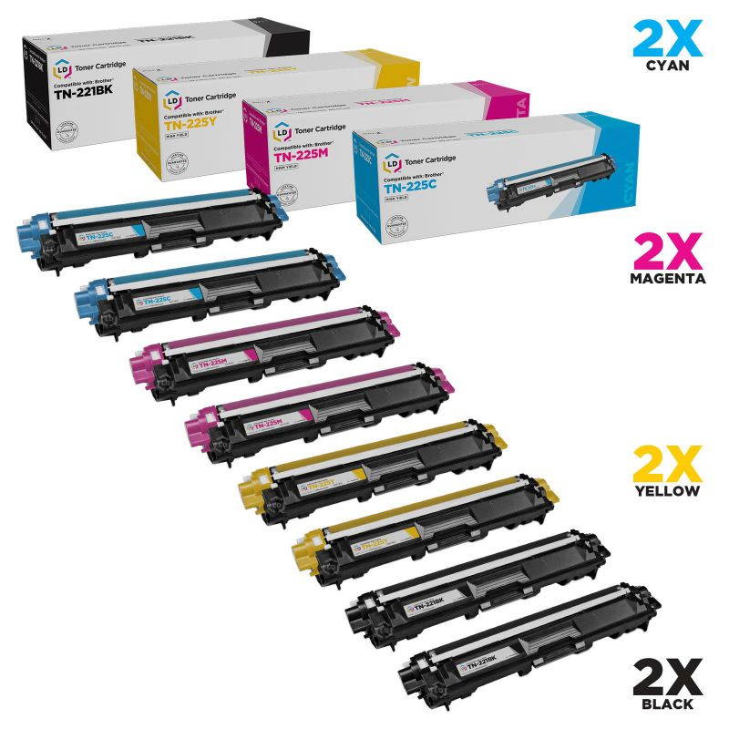LD &copy; Brother Compatible TN221 & TN225 Bulk Set of 8 laser toner Cartridges:  2 Black / Cyan / Magenta / Yellow for use in the HL-3140CW. HL-3170CDW, MFC-9130CW, MFC-9330CDW & MFC9340CDW Printers