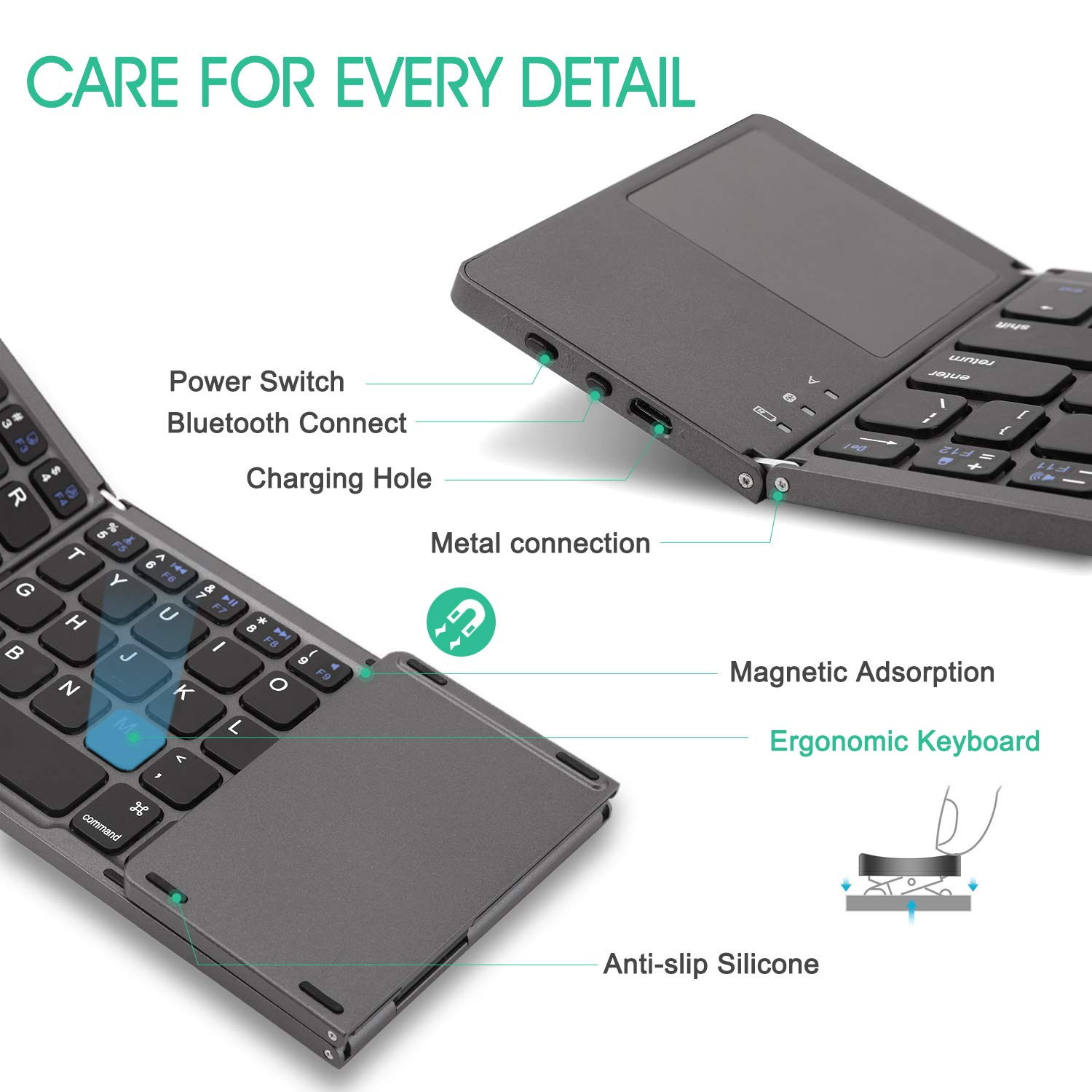 Foldable Bluetooth Keyboard with Touchpad - Samsers Portable Wireless Keyboard with Stand Holder, Rechargeable Full Size Ultra Slim Pocket Folding Keyboard for Android Windows IOS Tablet & Laptop