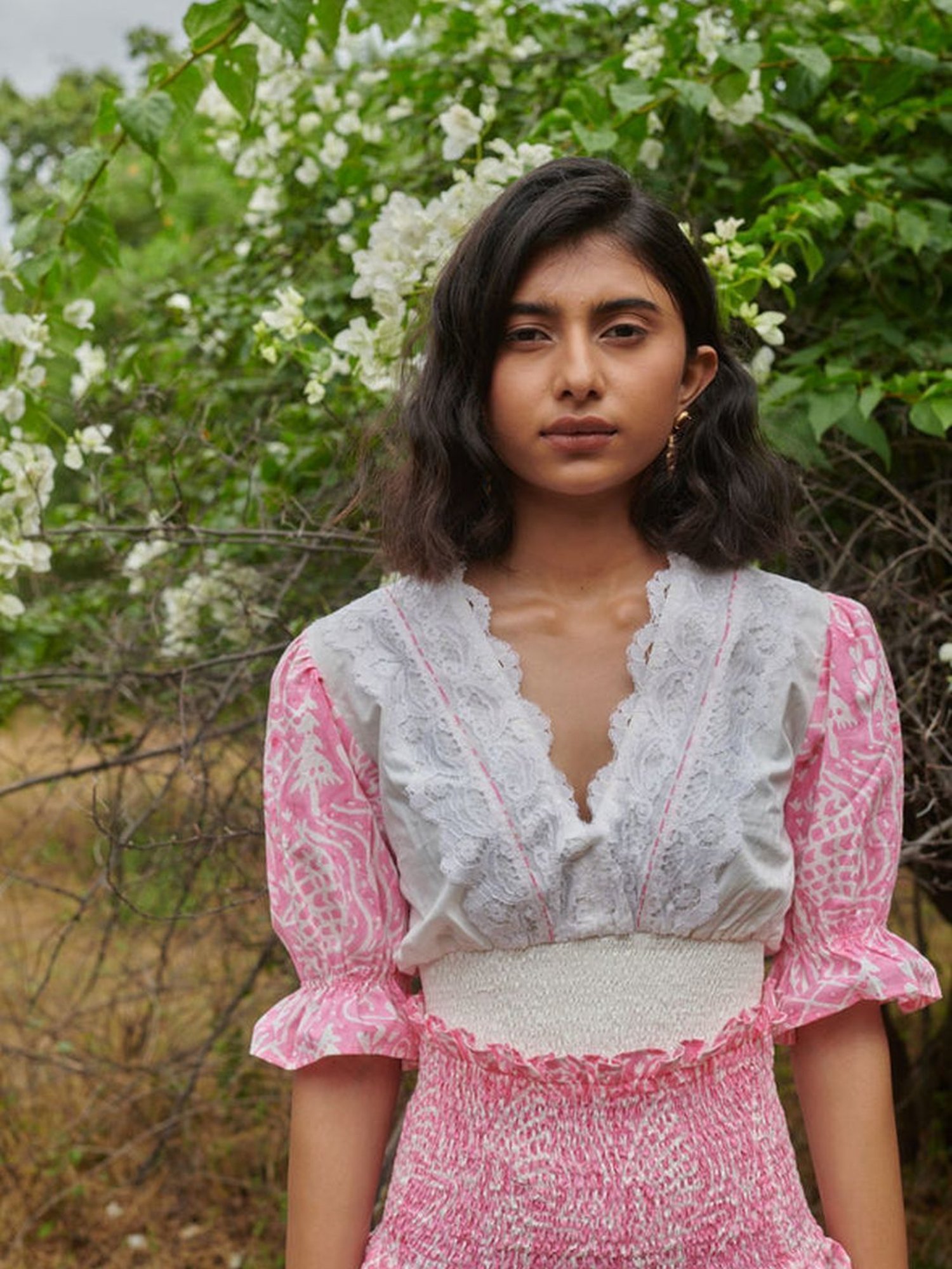 Khajoor Studio White & Pink Sundaze Barbie Smocked Meadow Print Crop Top & Skirt Co-ord Set