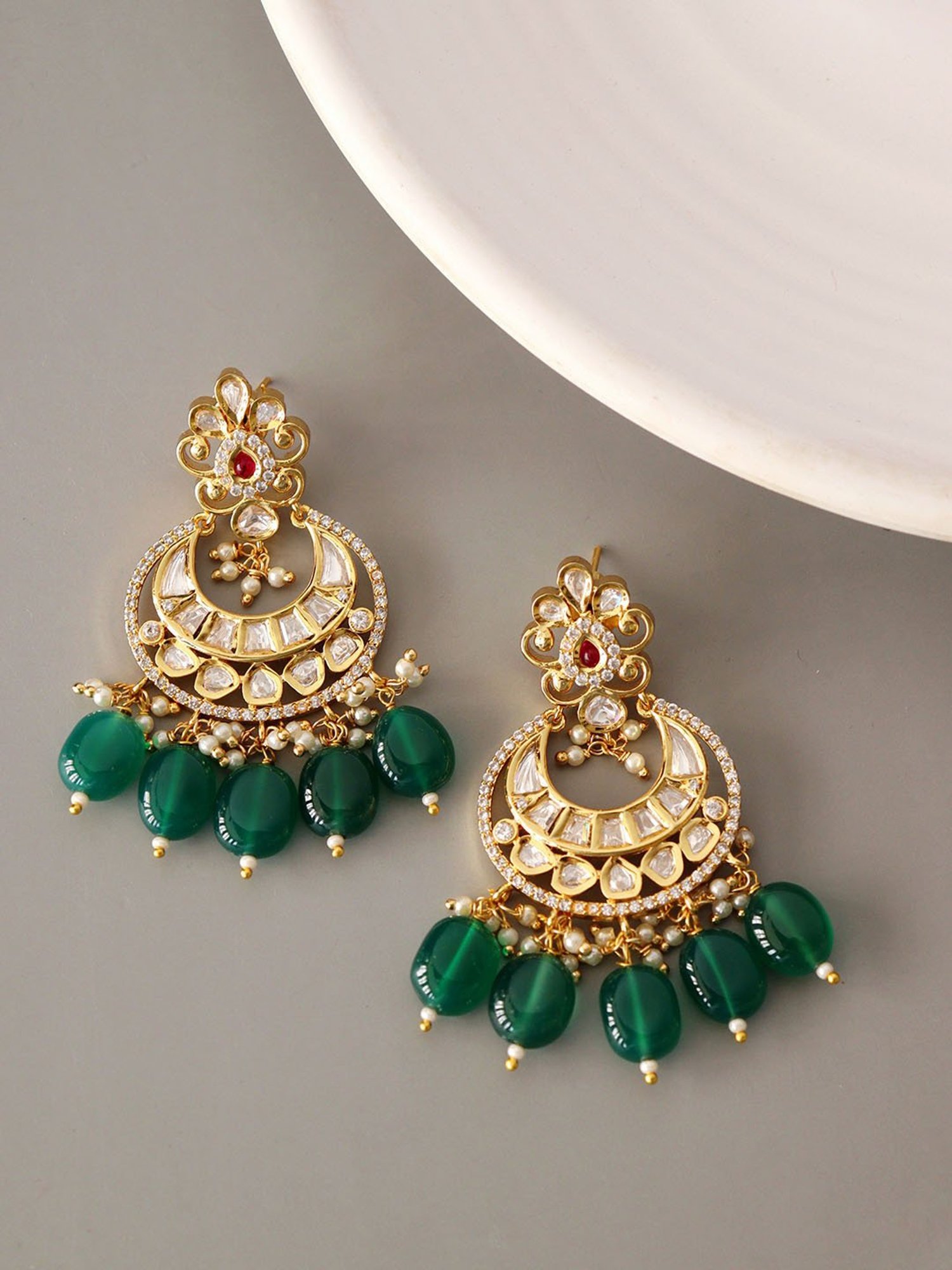 Curio Cottage Meira Emerald Green Chandbali Earrings