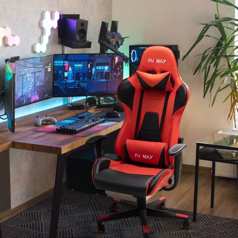 Furmax Gaming Office Chair Ergonomic High-Back Racing Style Adjustable Height Executive Computer Chair, PU Leather Swivel Desk Chair (Black/Grey)