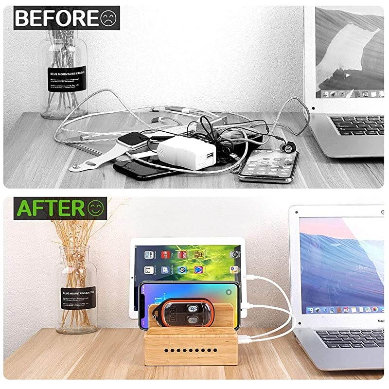 Bamboo Charging Station Wood Charging Station for Multiple Devices with 5 Ports USB Charger Docking Station for iPhone iPadTablet and Android Cell Phone