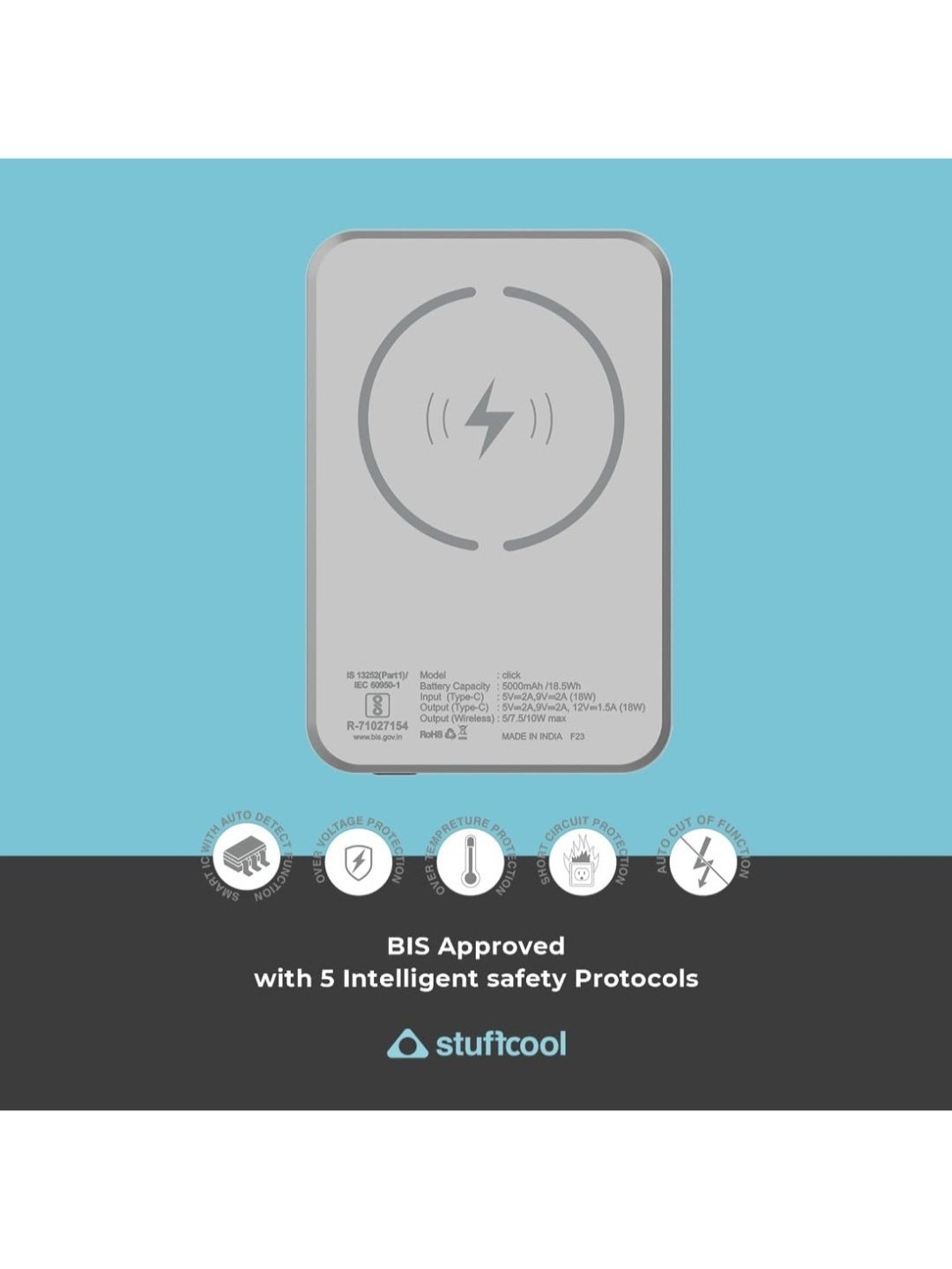 Stuffcool Click 5000mAh Magnetic Wireless Powerbank with 18W PD Type C Port (Metallic Grey)