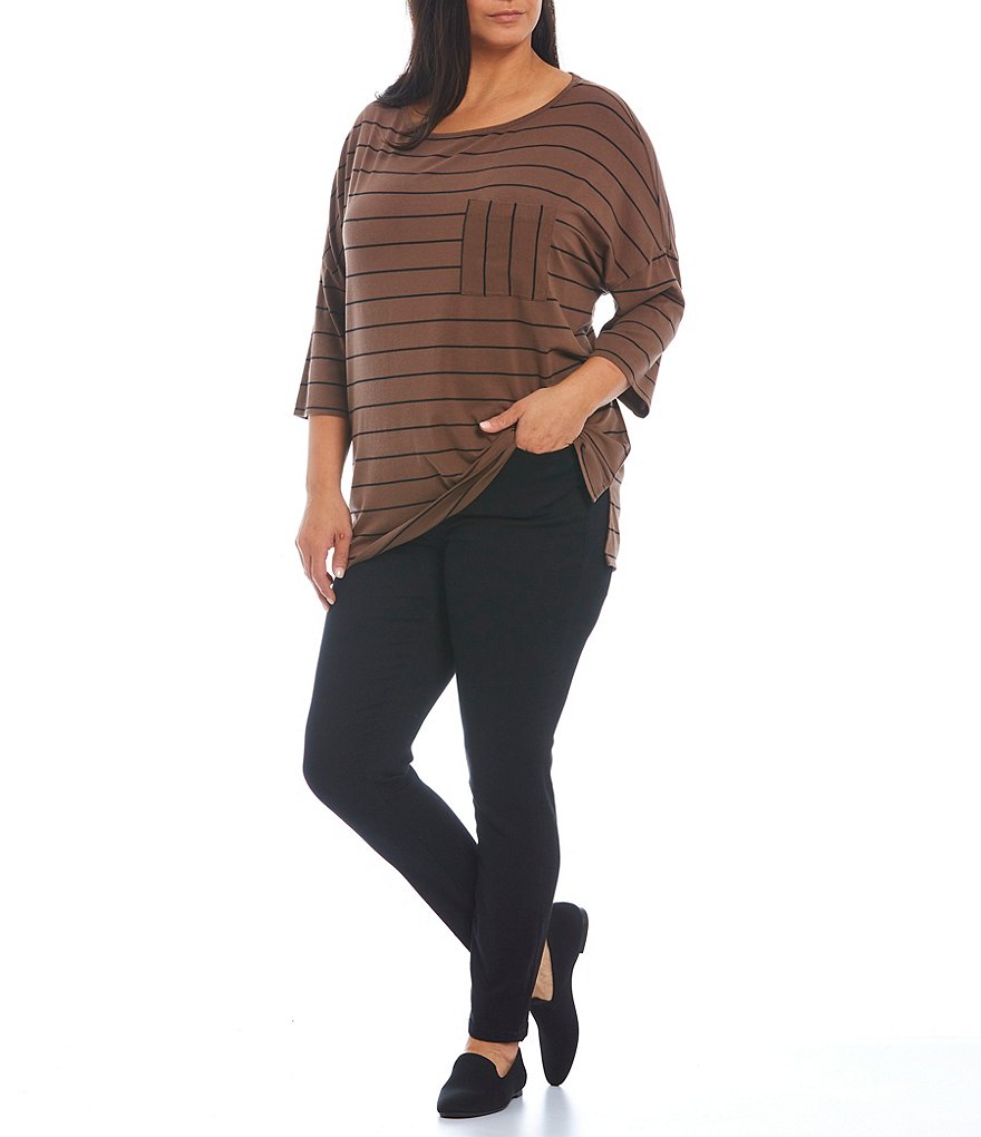 Westbound Plus Size Striped Round Neck 3/4 Sleeve 1 Pocket Tee