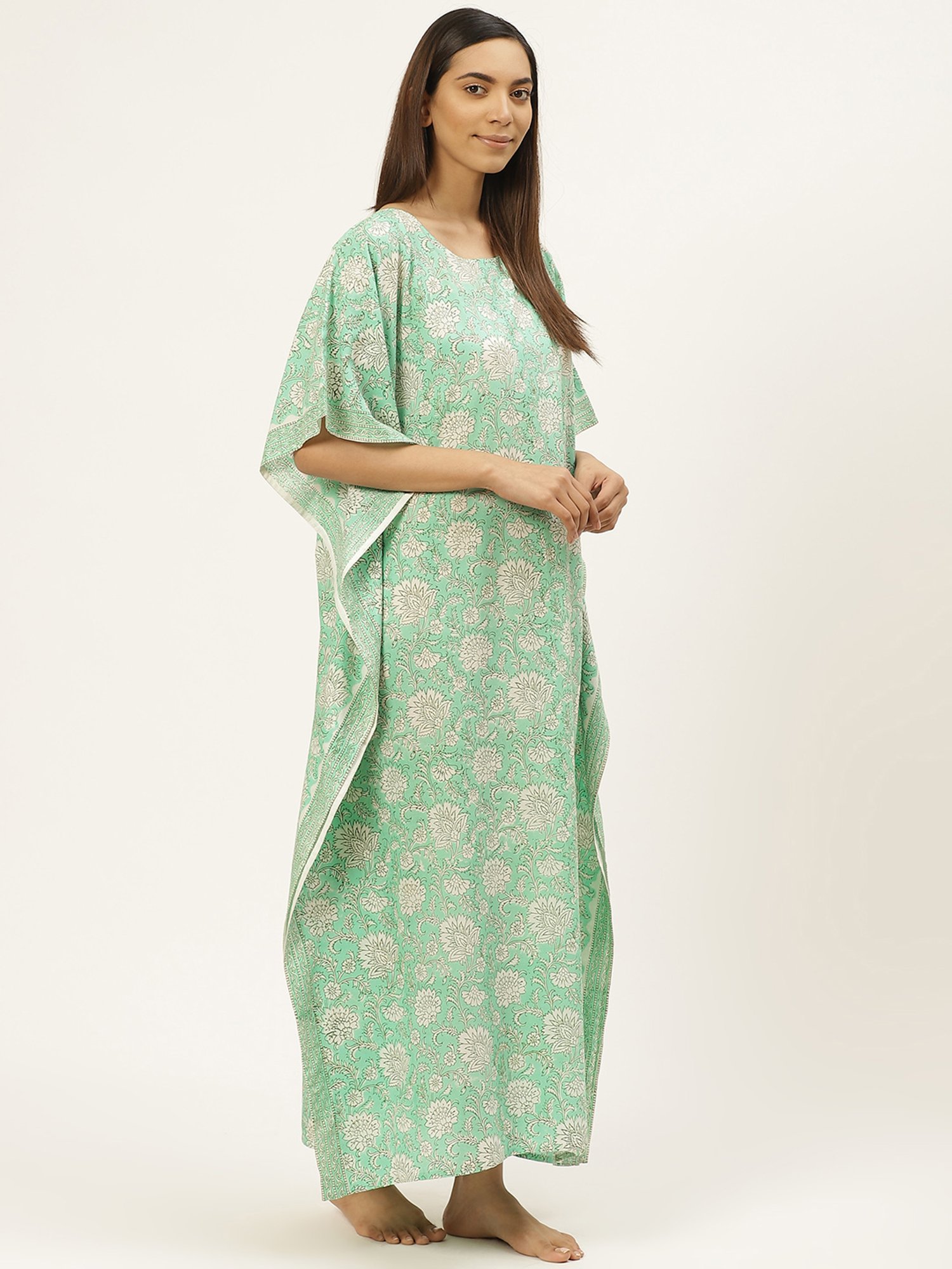 Prakrti Green Cotton Printed Kaftan
