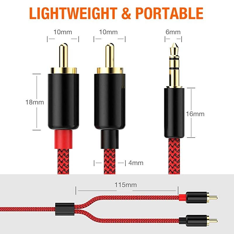 2 Pack RCA Cable  RCA to 35mm 6ft 18M HiFi Sound NylonBraided RCA to AUX Audio Cable Compatible with DJ Controller Speaker Turntable TV Car Stereo HiFi Amplifer Phone Red