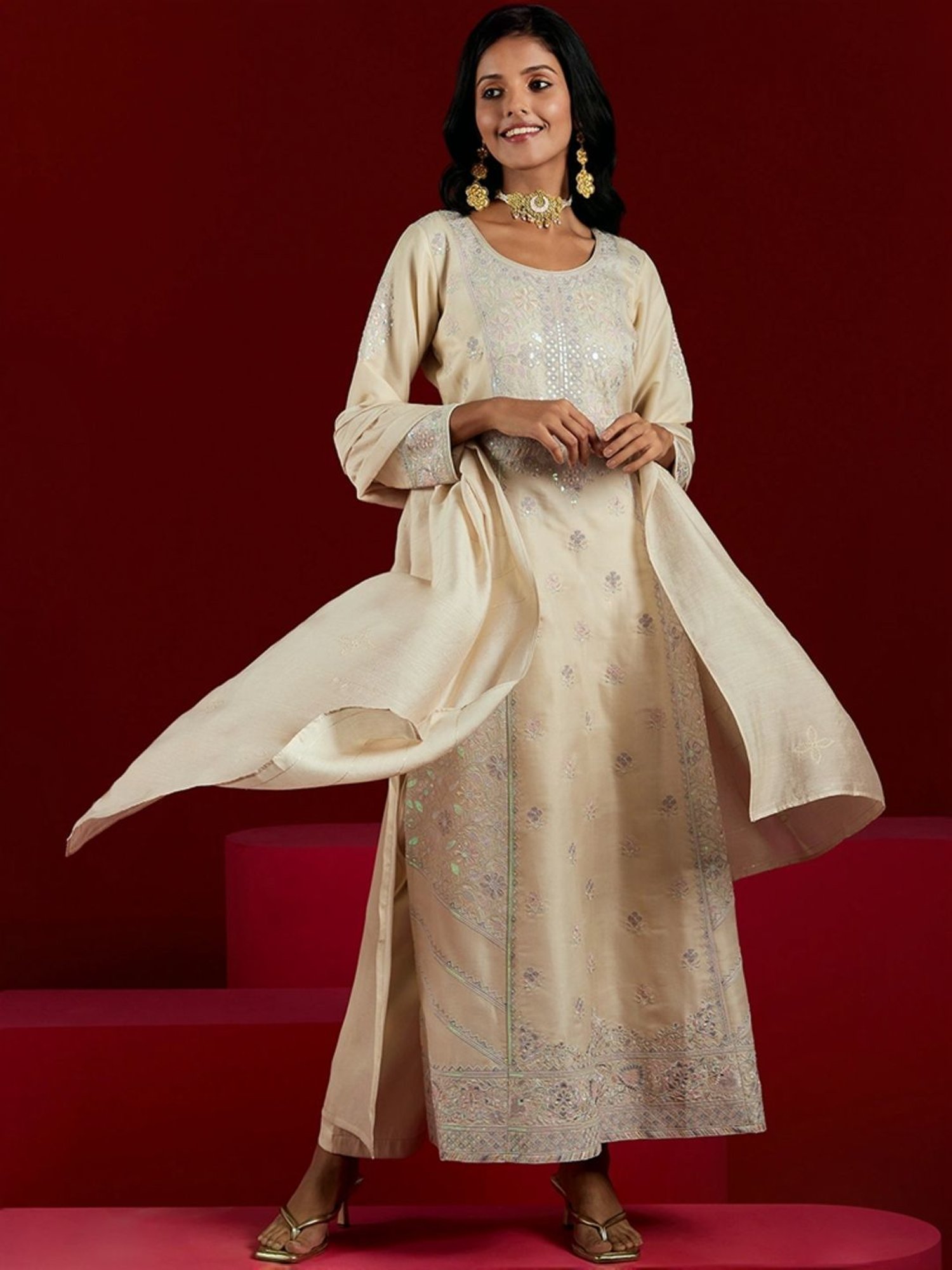 Libas Art Beige Embroidered Kurta Pant Set With Dupatta