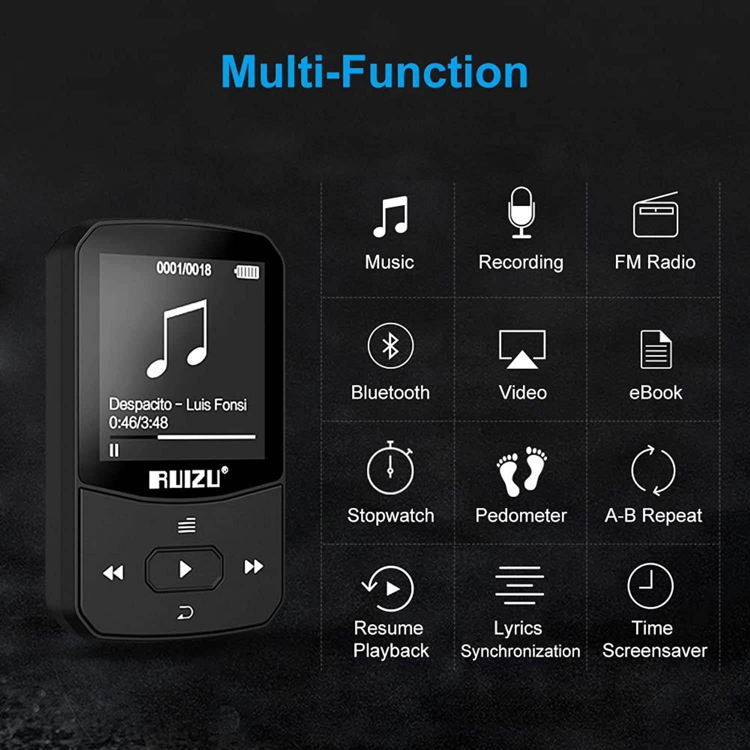 Clip Mp3 Player with Bluetooth 4.1, 8GB Lossless Sound Music Player with FM Radio Voice Recorder Video Earphones for Running, Support up to 128GB(Black)