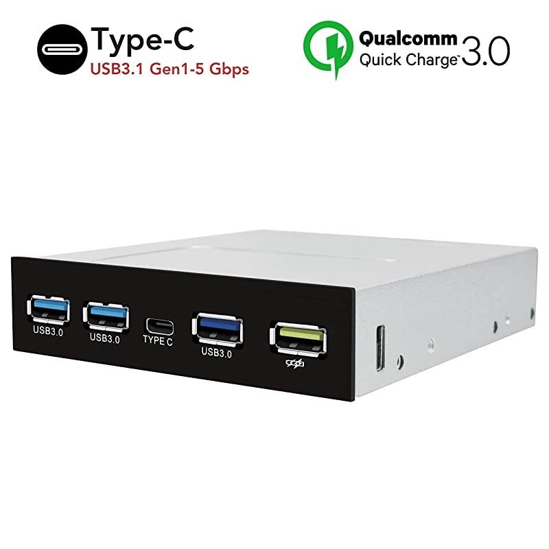 USB 3.0 HUB 3.5 Inch Internal Front Metal Brushed Panel and 1-Type-C Port/ 3-USB 3.0 Ports with QC3.0 18W Fast Charging Port