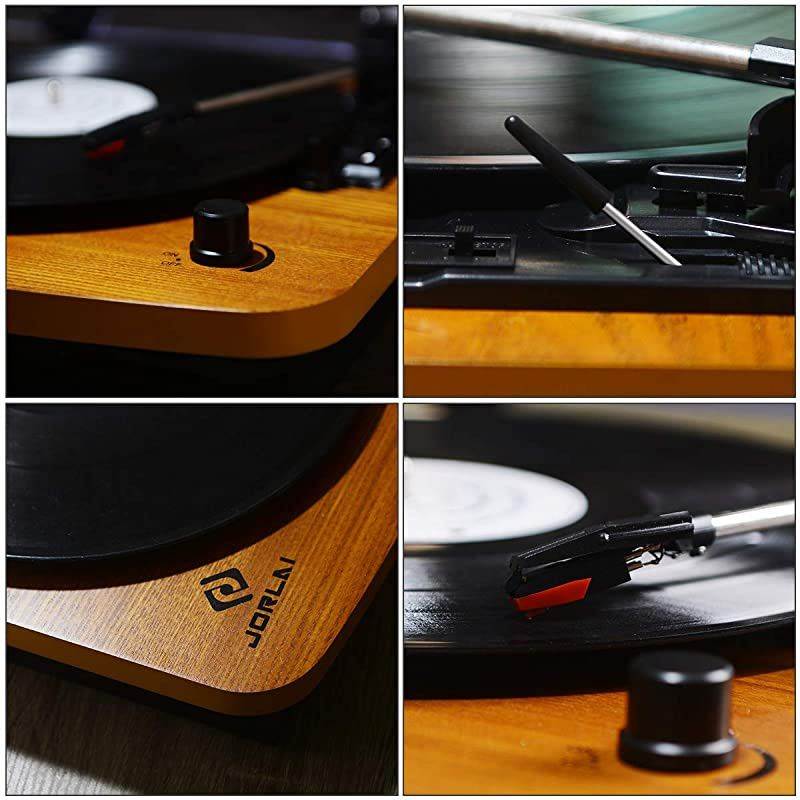 Wood Turntable 3 Speed RetroampModern DJ Vinyl LP Records Player with Stereo Speakers Supporting Vinyl to MP3 Converter T202PC
