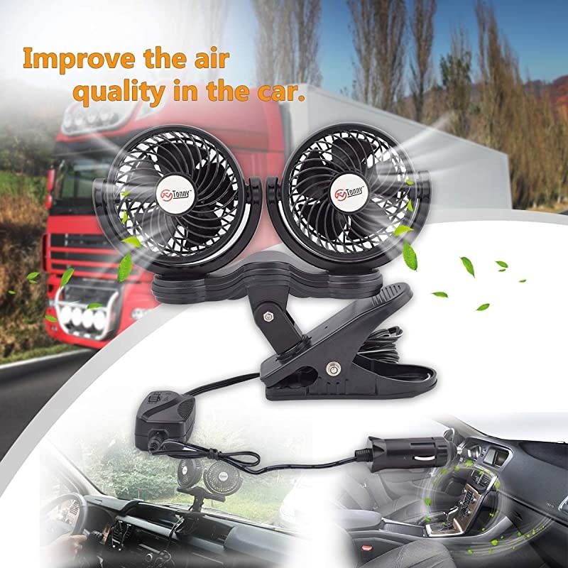 Dual Head Clip Fan 4 Inches Electric Car Clip Fans 360 Rotatable12V Cooling Air Fan with Stepless Speed Regulation for Vehicle or Home