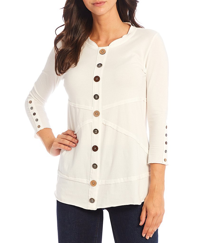 Multiples Band Crew Neck Seamed Detail Button Trim 3/4 Sleeve Knit Top