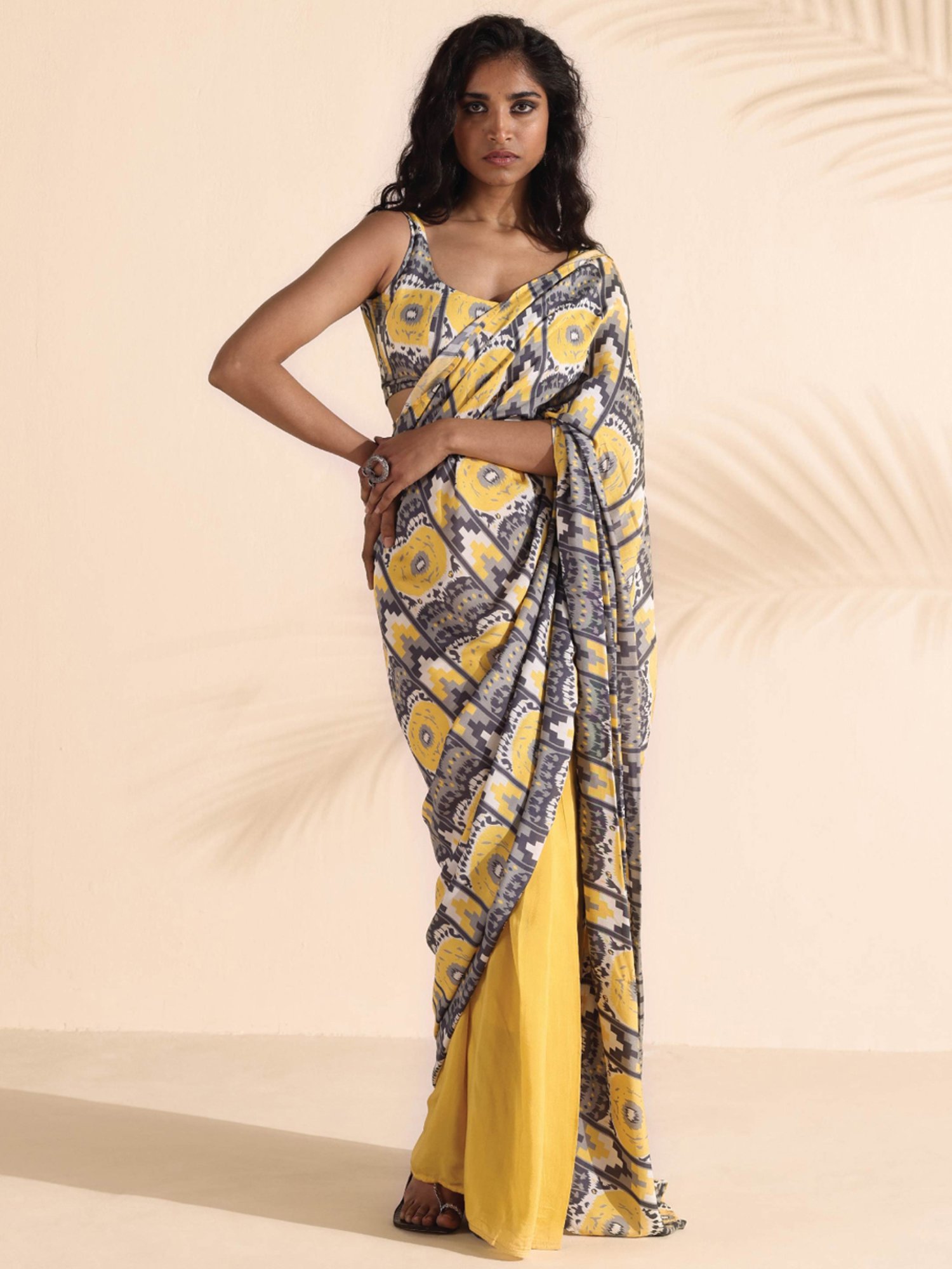 true Browns Grey & Yellow Printed Blouse