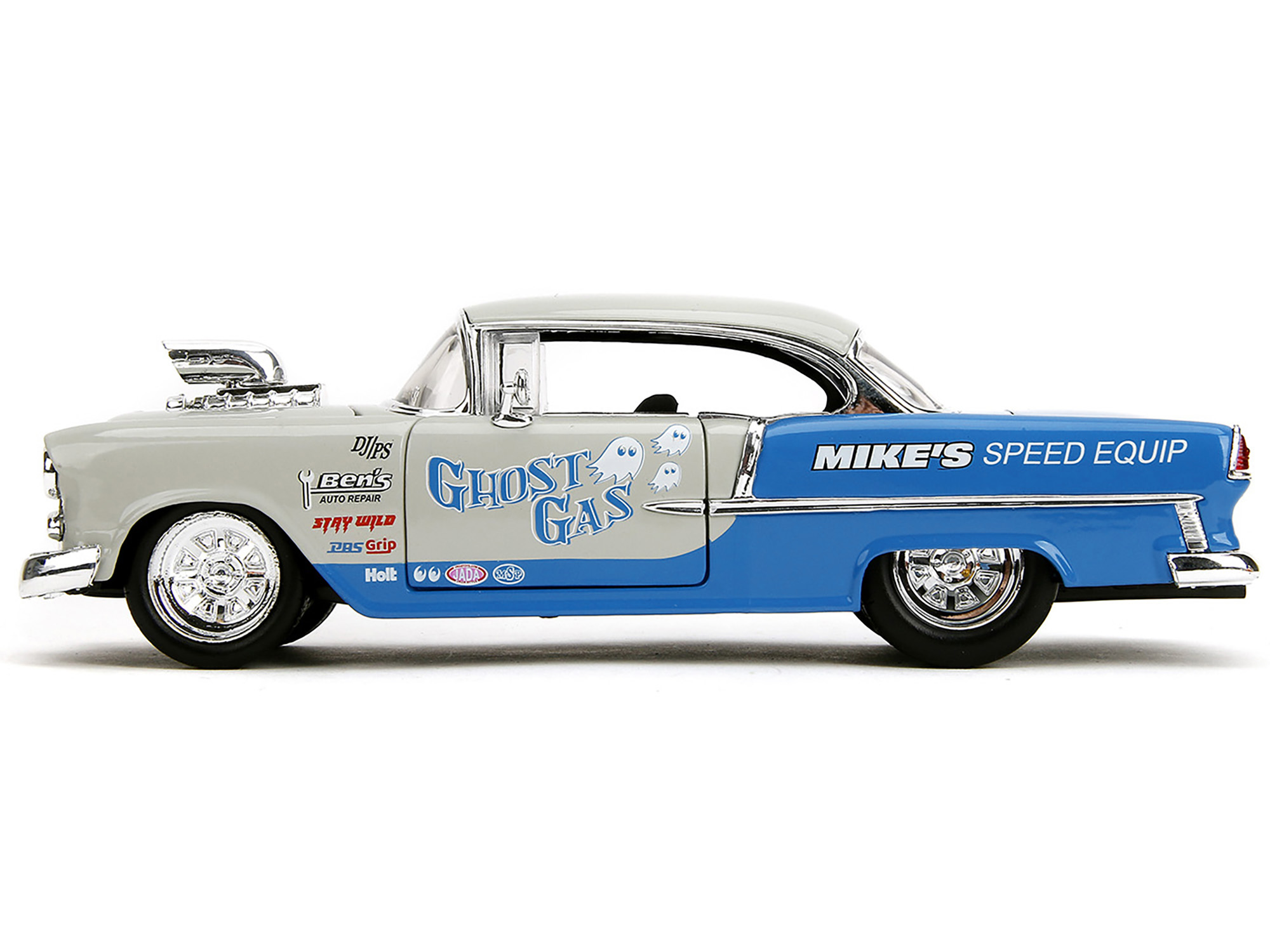 1955 Chevrolet Bel Air "Ghost Gas - Mike's Speed Equip" Light Gray and Blue "Bigtime Muscle" Series 1/24 Diecast Model Car by Jada