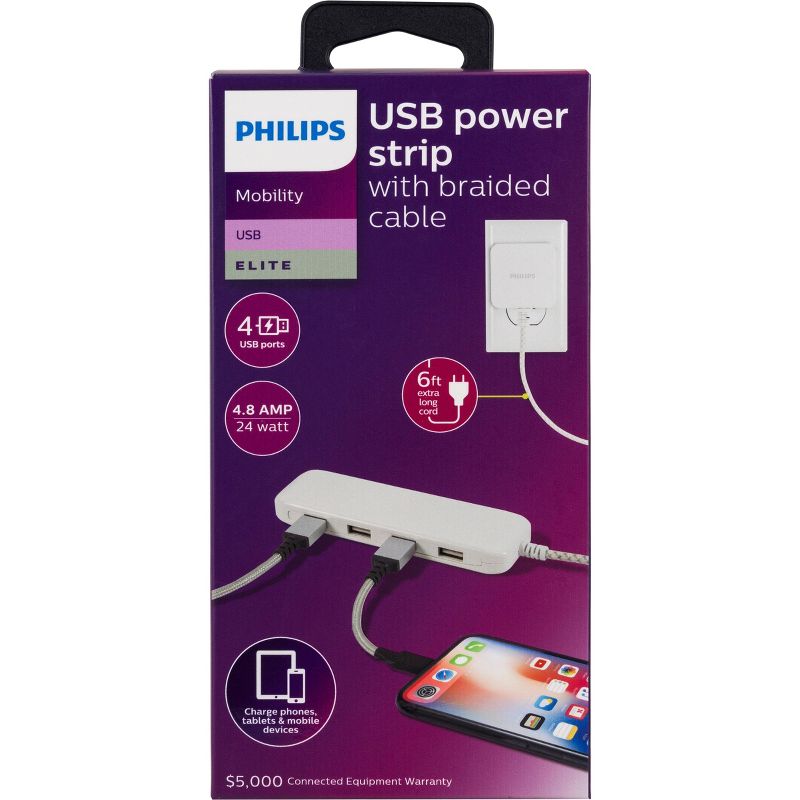 Philips 4-Port Slim Desktop 4USB Charger, 5' Cord - White