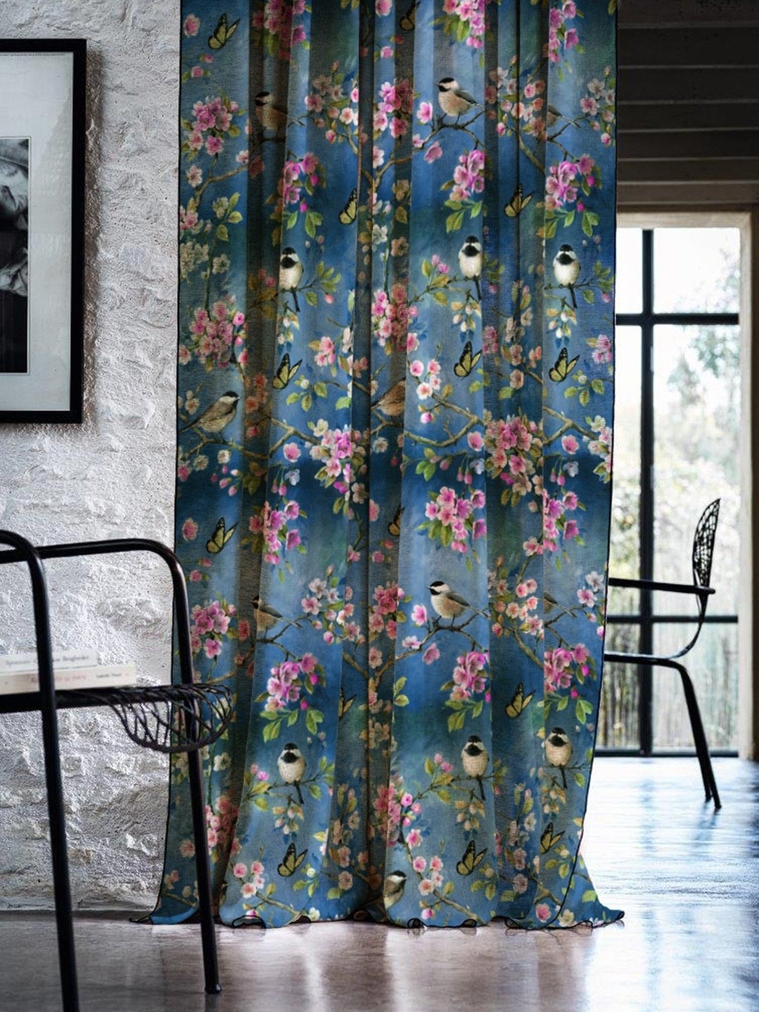 SPACES DRAPE STORY Elegent Navy Blue & Pink Polyester 8 FT Door Curtain - Set of 2