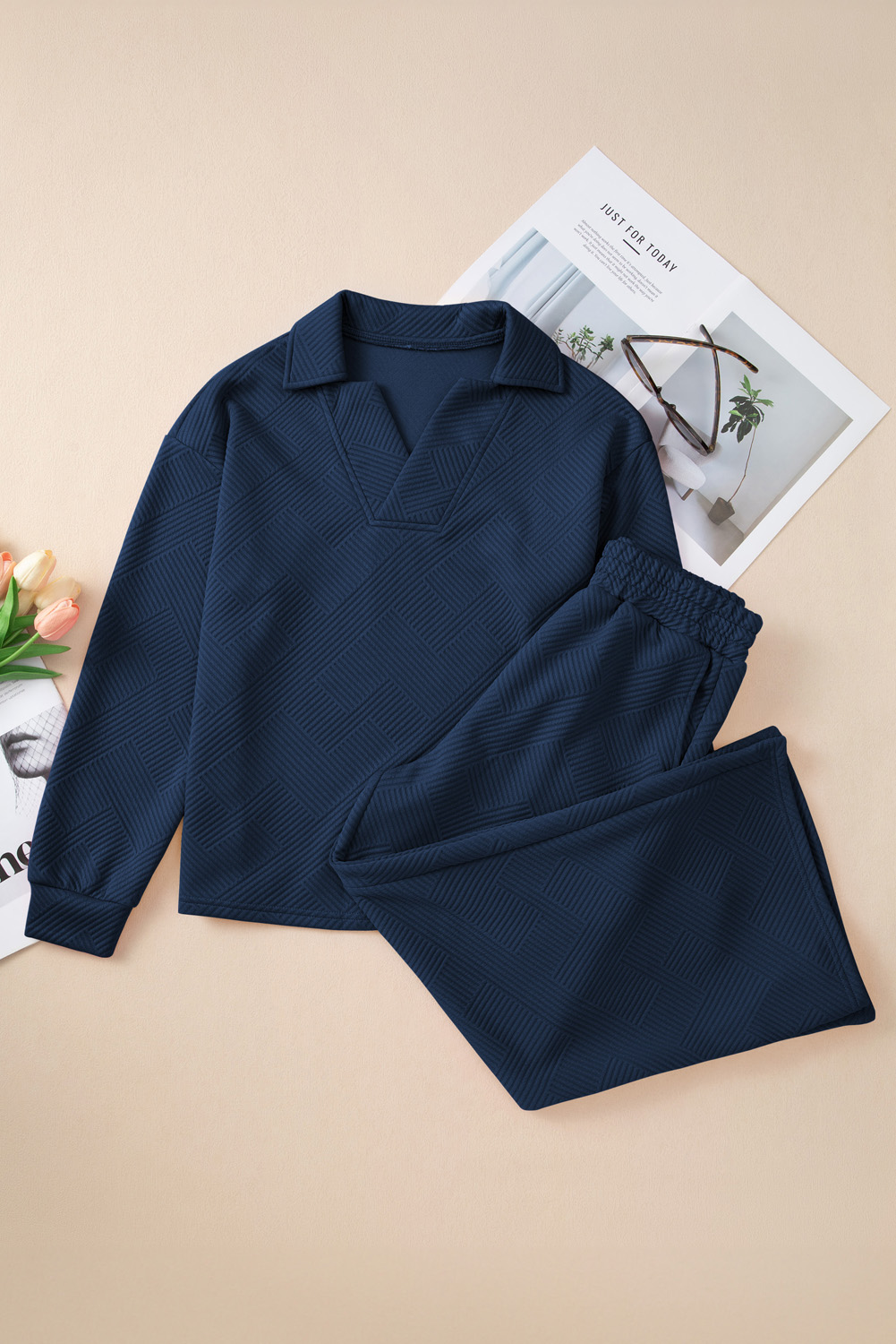 Green Solid Color Quilted Long Sleeve Top and Wide Leg Pants Set