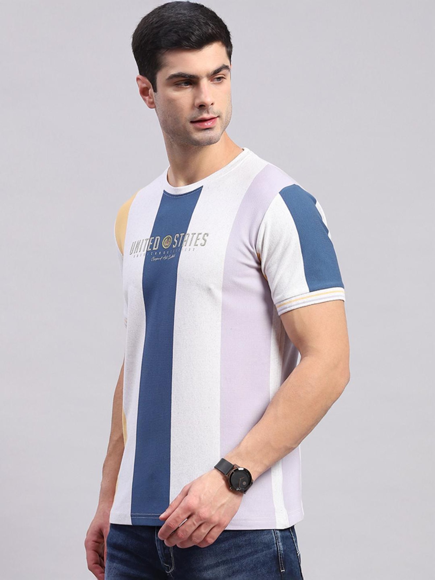 Monte Carlo Ecru & Blue Regular Fit Striped T-Shirt