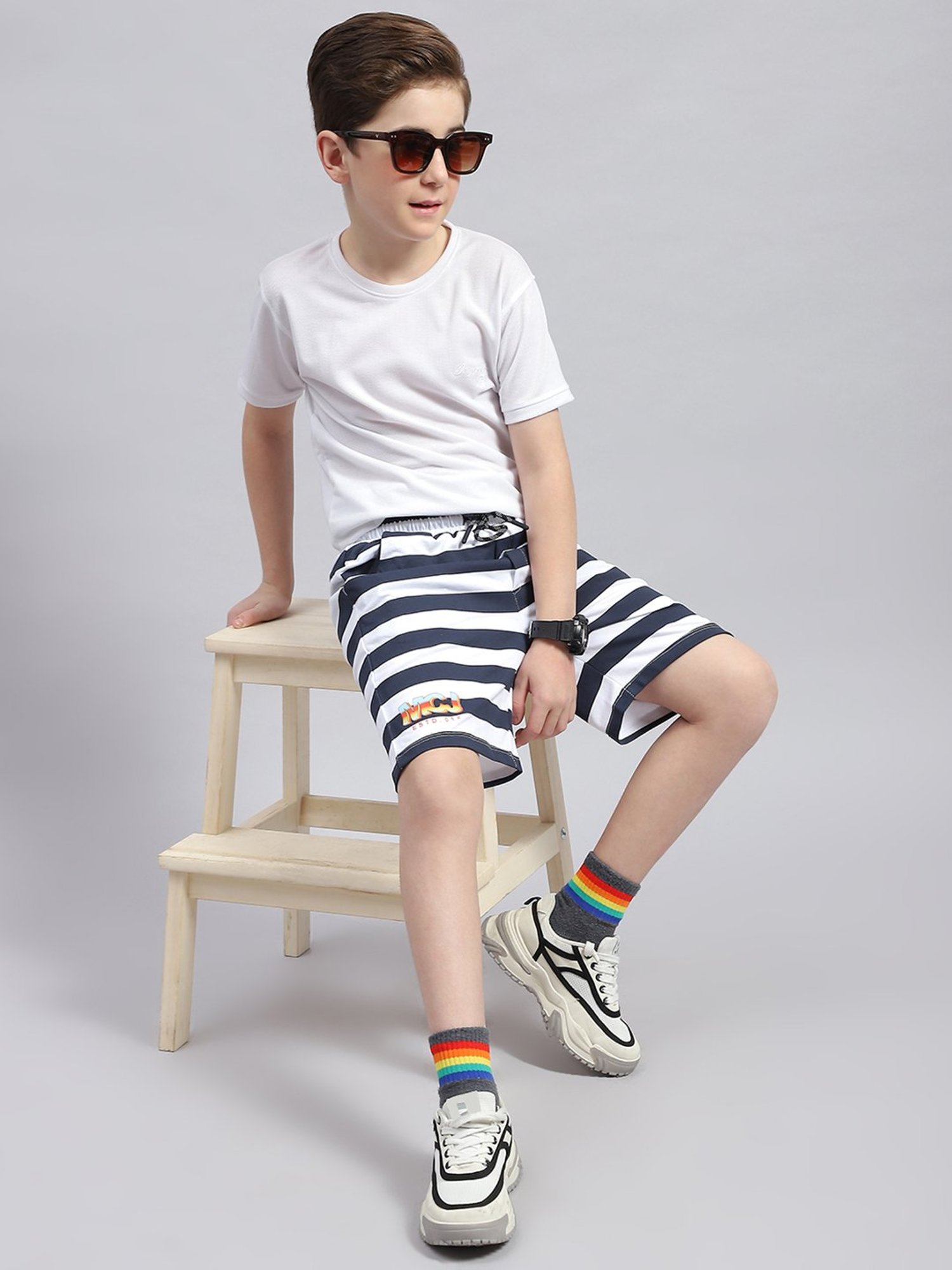 Monte Carlo Kids White & Navy Striped Bermuda