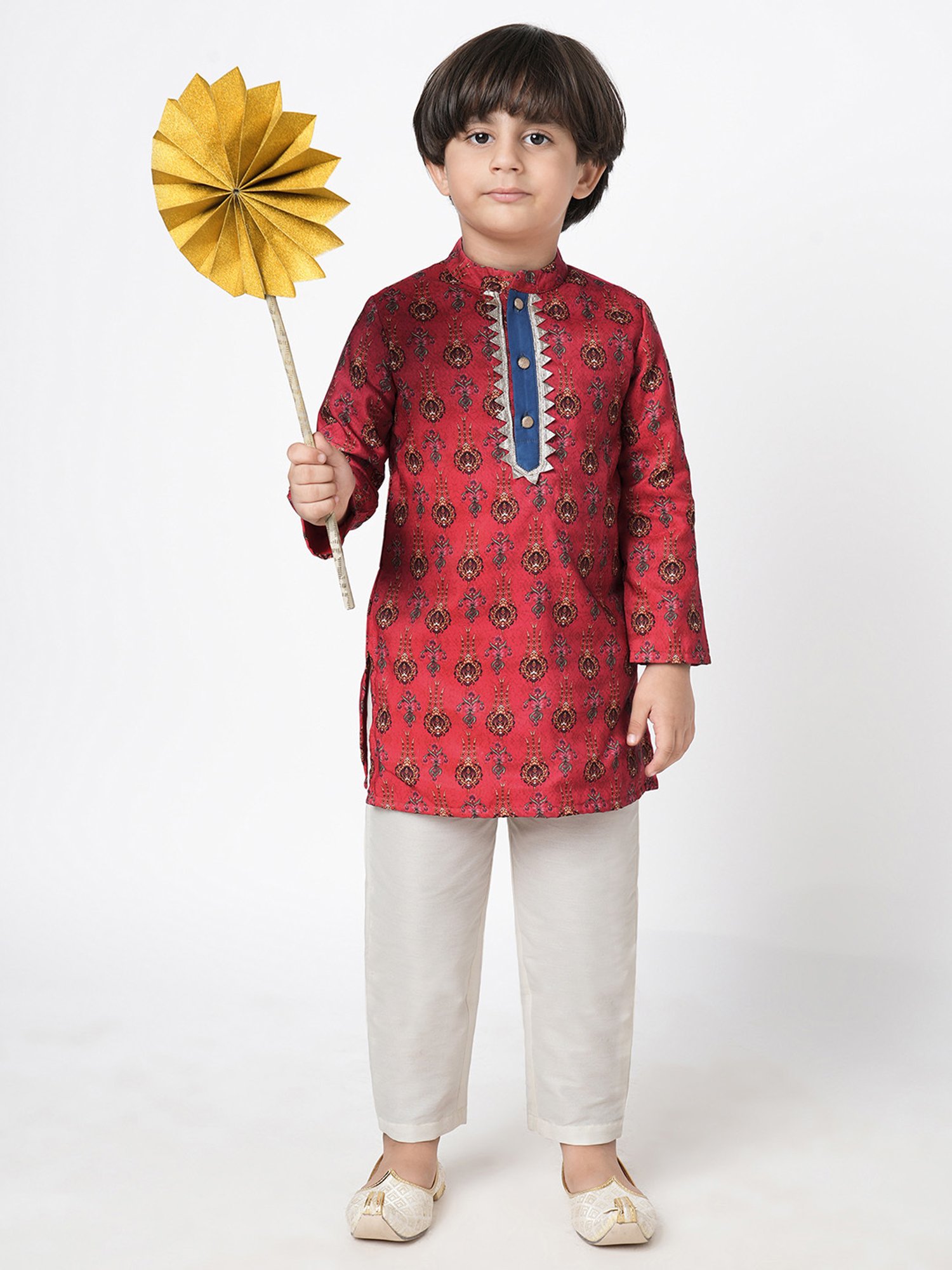 Lil Drama Kids Red & White Printed Full Sleeves Kurta with Pants