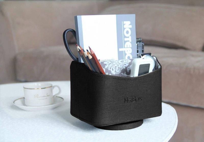 Spinning Rotating Smoothly Remote Control/Controller Holder Organizer, Remote Caddy with Beautiful Pattern&Soft lining, Desktop Organizer for Home/Office, Black PU Leather, 7.3x 5.5 x 6 inches