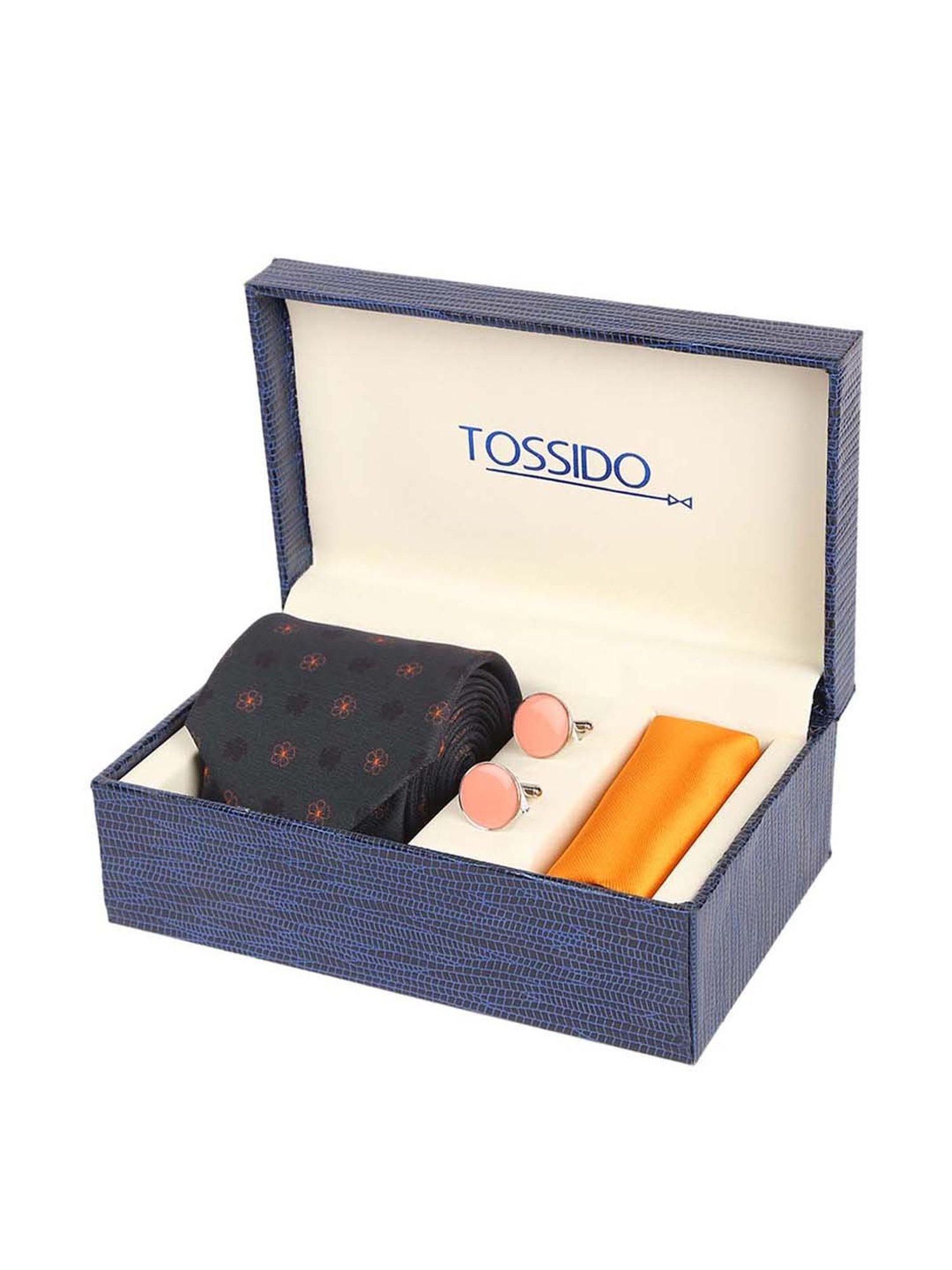 Tossido Black Woven Necktie With Pocket Square and Cufflinks