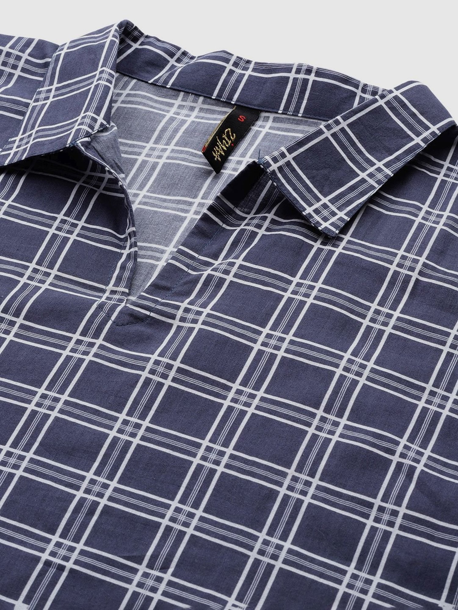 Ziyaa Navy Cotton Chequered Kaftan Pyjama Set