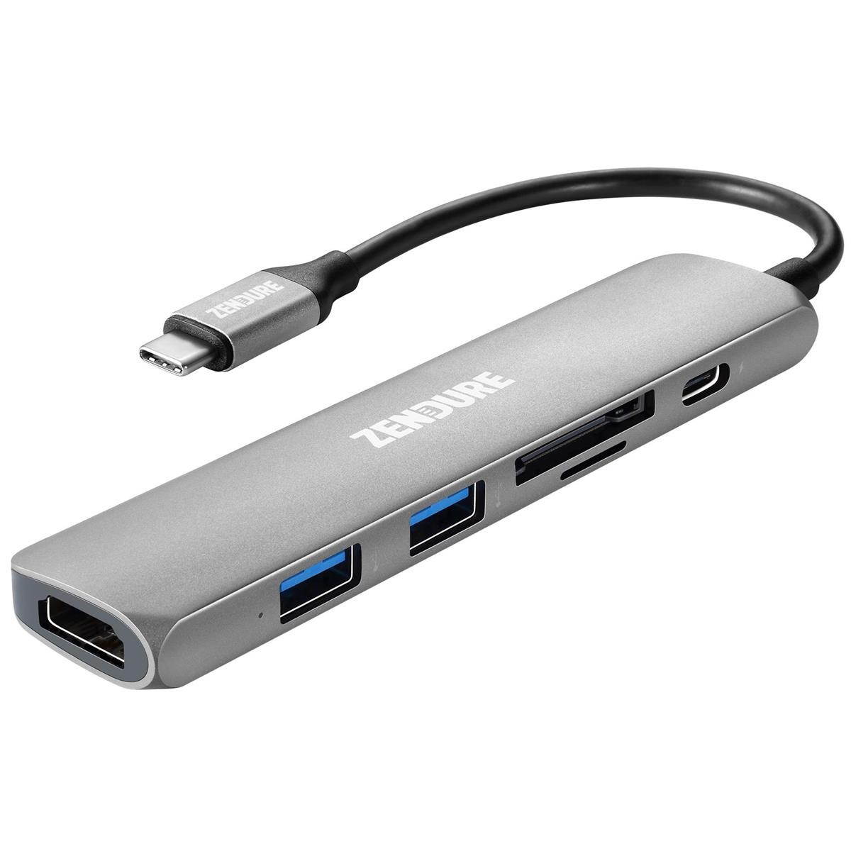 6-in-1 usb-c hub, zendure 49w slim aluminum adapter with 4k usb c to hdmi, microsd/sd card reader, 2 usb 3.0 ports, for macbook